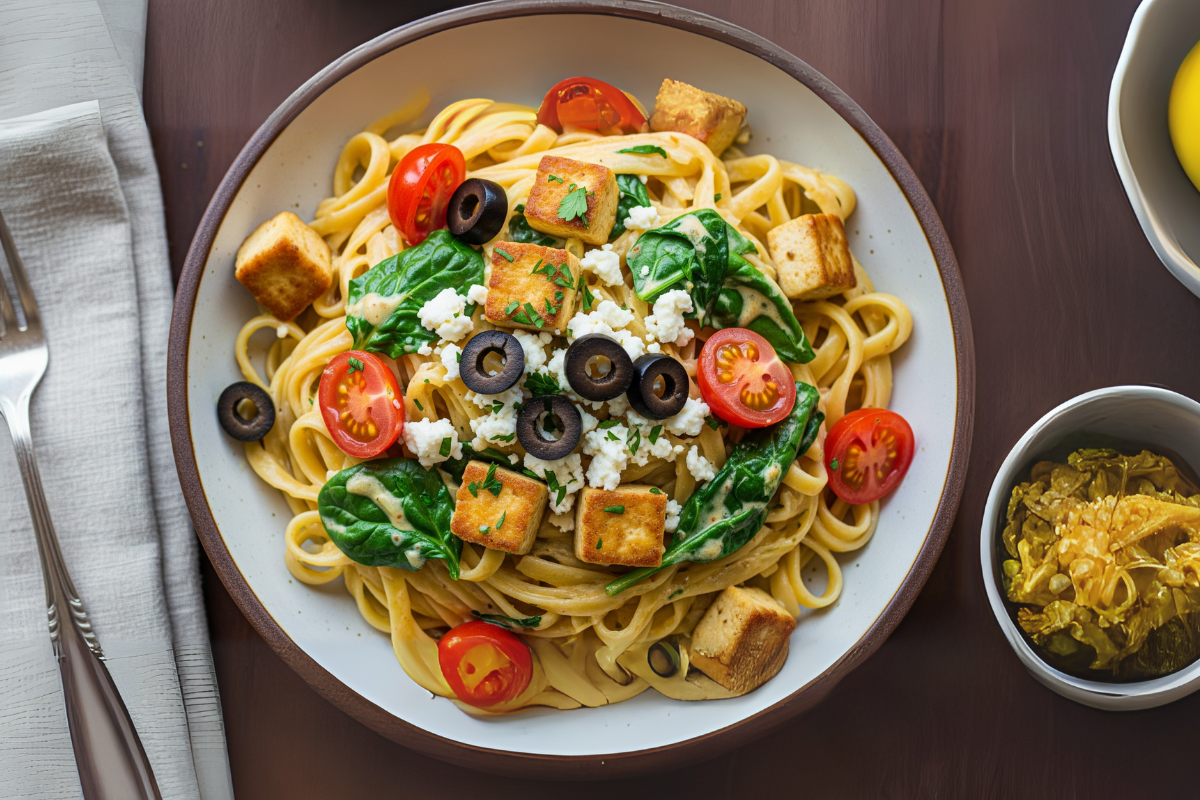 Creamy Mediterranean Tofu Tagliatelle | iTz noT Tagliatelle and Mediterranean Herbs Tofu