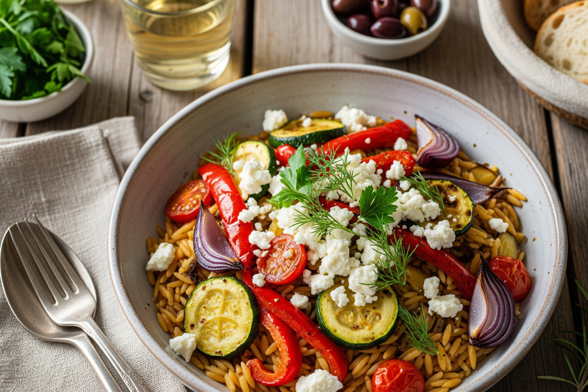 Mediterranean Orzo Pasta with Roasted Veggie and Feta | iTz noT Orzo Pasta