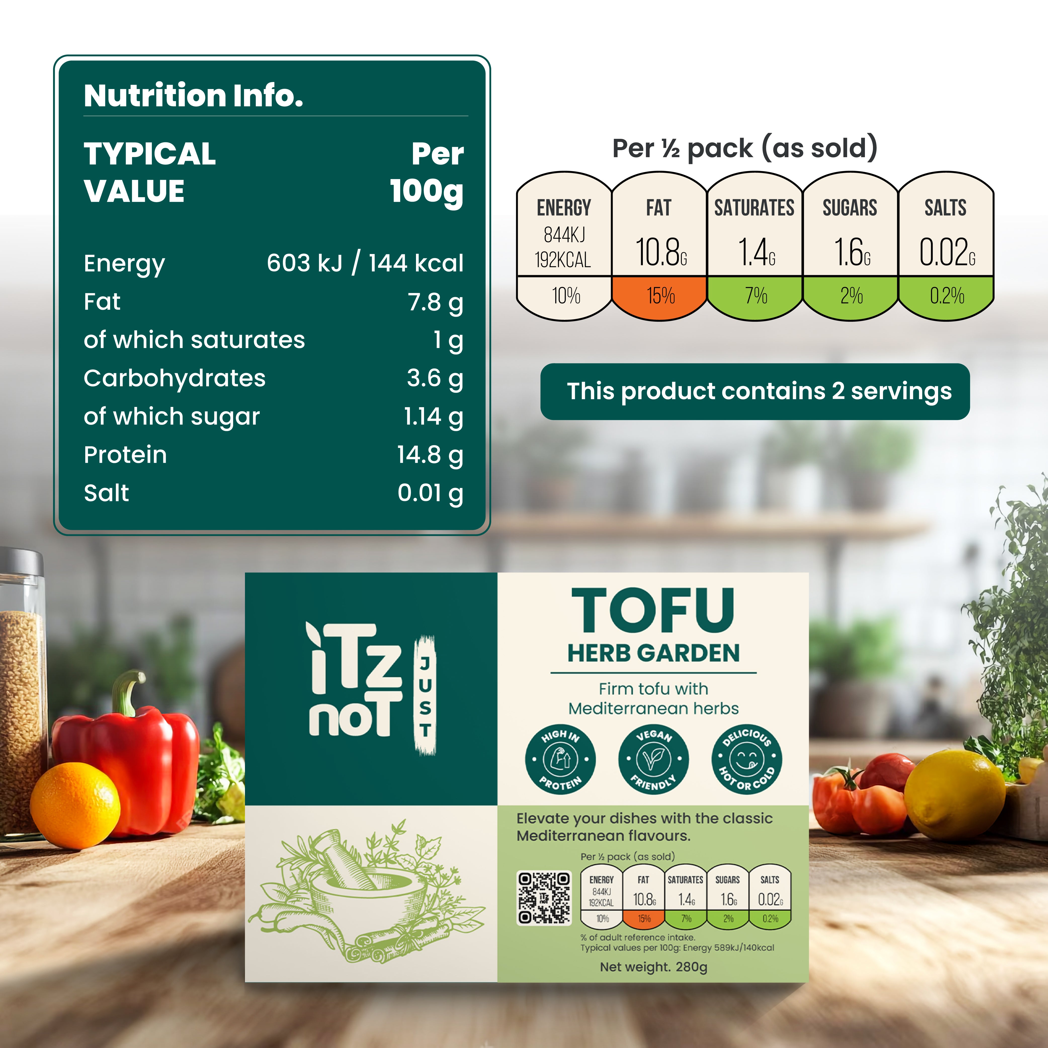 'iTz noT Just' Tofu - It's Mediterranean Herbs Tofu. Firm, Vegan & High Protein Tofu. 280g