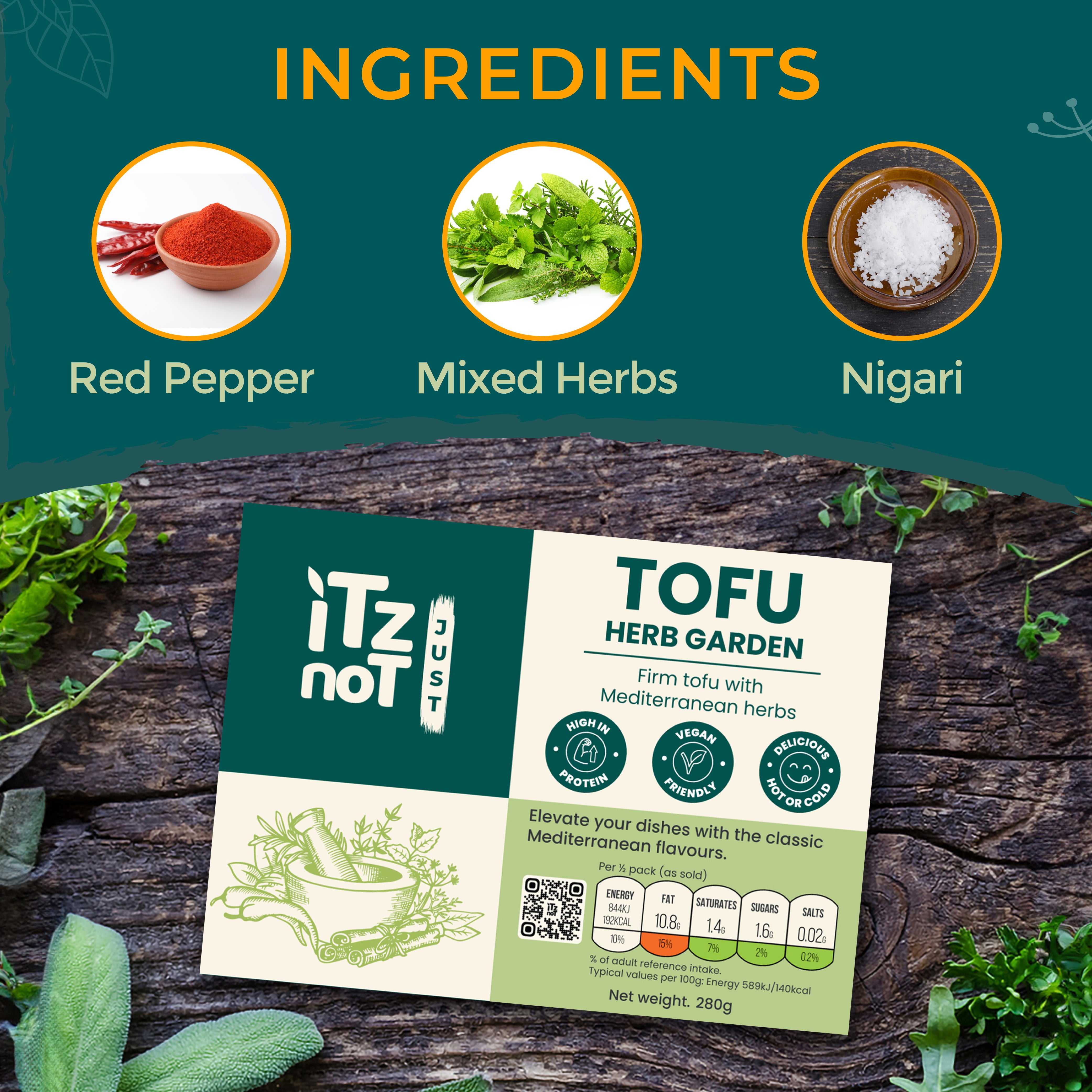 'iTz noT Just' Tofu - It's Mediterranean Herbs Tofu. Firm, Vegan & High Protein Tofu. 280g