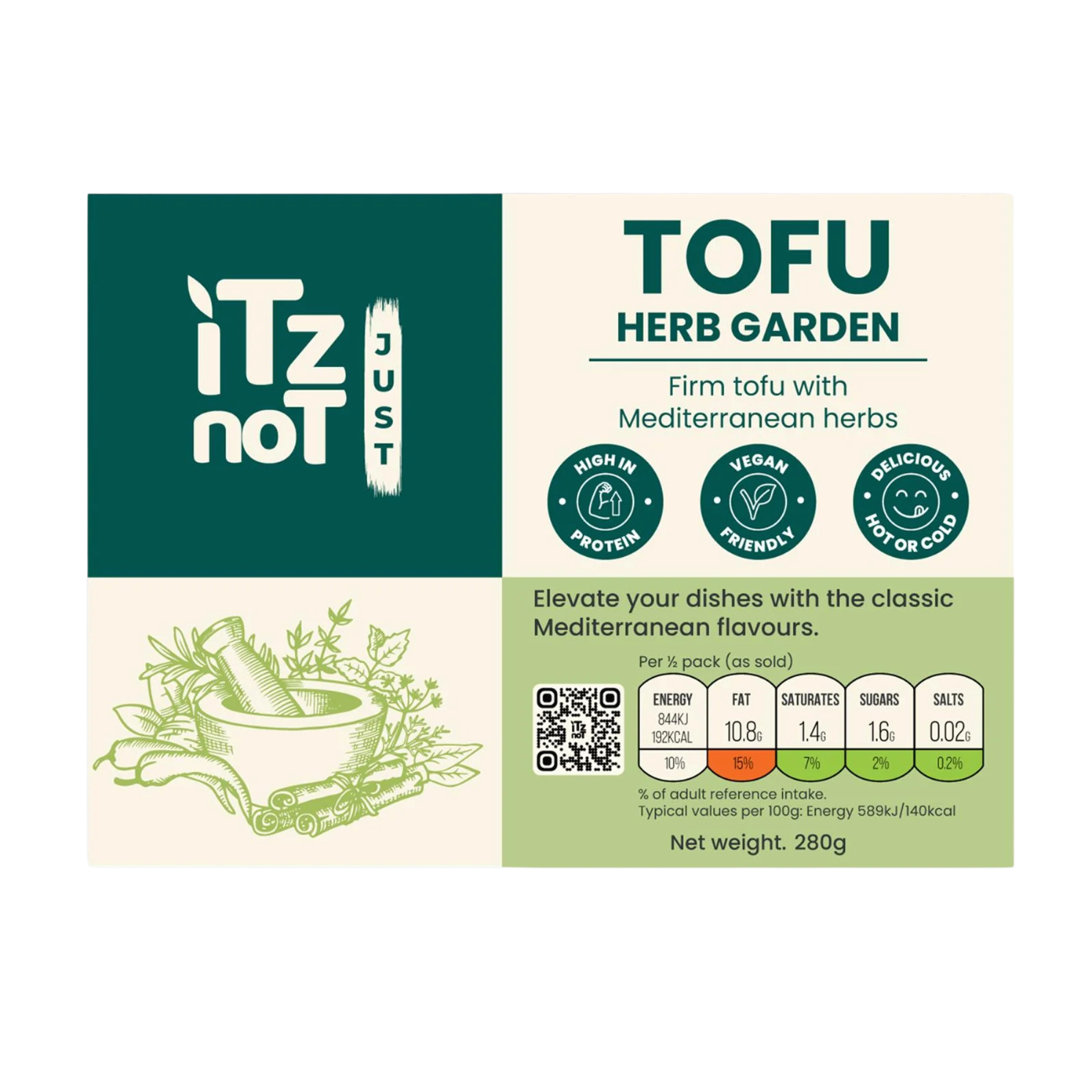 'iTz noT Just' Tofu - It's Mediterranean Herbs Tofu. Firm, Vegan & High Protein Tofu. 280g