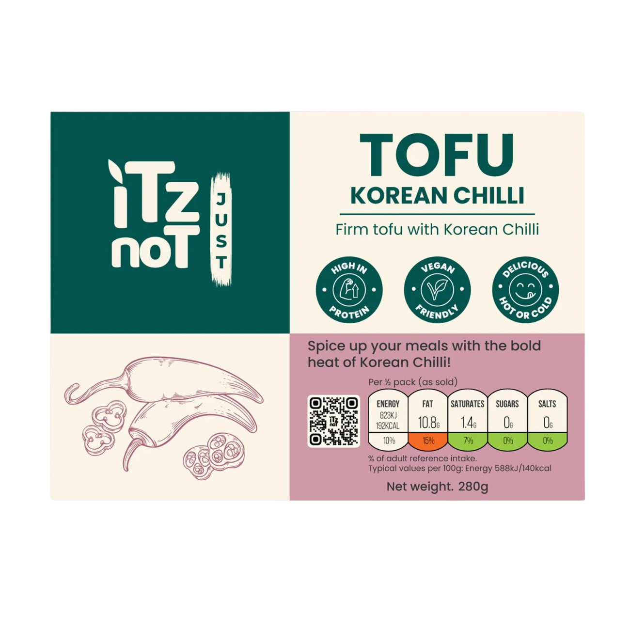 'iTz noT Just' Tofu - It's Korean Chilli Tofu. Firm, Vegan, High Protein Tofu With Korean Chilli Flavour. Healthy, Dairy Free Tofu. 280g