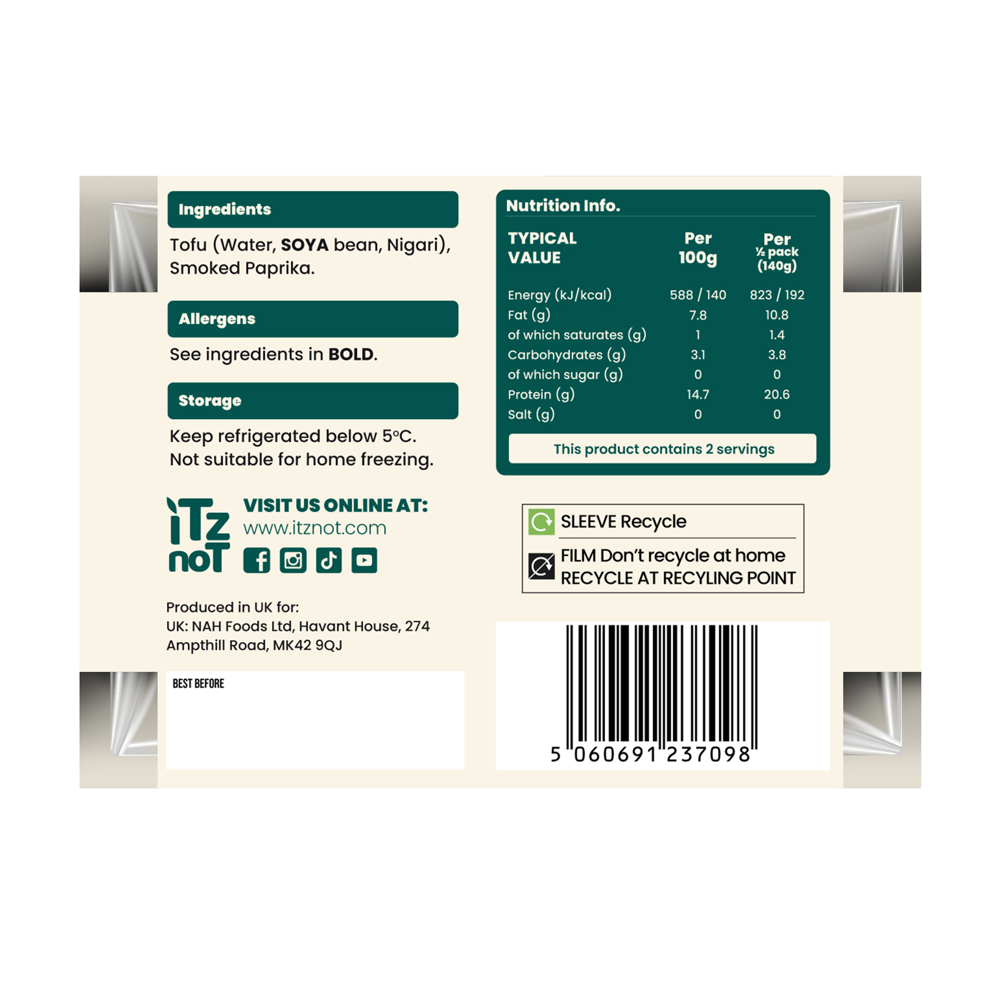 'iTz noT Just' Tofu - It's Smoked Paprika Tofu. Firm, Vegan, High Protein Tofu With Paprika Flavour. Healthy, Dairy Free Tofu. 280g