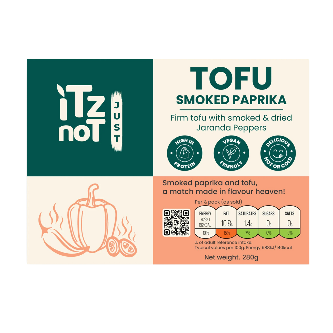 'iTz noT Just' Tofu - It's Smoked Paprika Tofu. Firm, Vegan, High Protein Tofu With Paprika Flavour. Healthy, Dairy Free Tofu. 280g