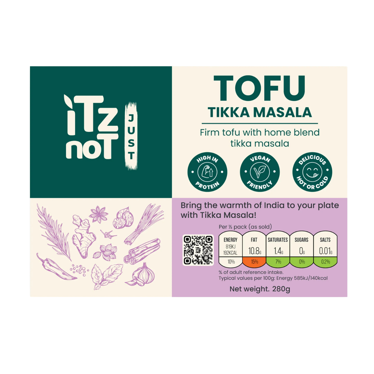 'iTz noT Just' Tofu - It's Tikka Masala Tofu. Firm, Vegan, High Protein Tofu With Tikka Masala Flavour. Healthy, Dairy Free Tofu. 280g