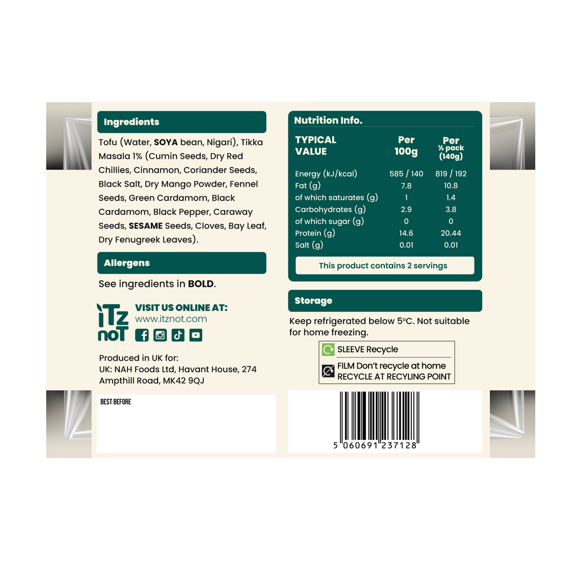 'iTz noT Just' Tofu - It's Tikka Masala Tofu. Firm, Vegan, High Protein Tofu With Tikka Masala Flavour. Healthy, Dairy Free Tofu. 280g