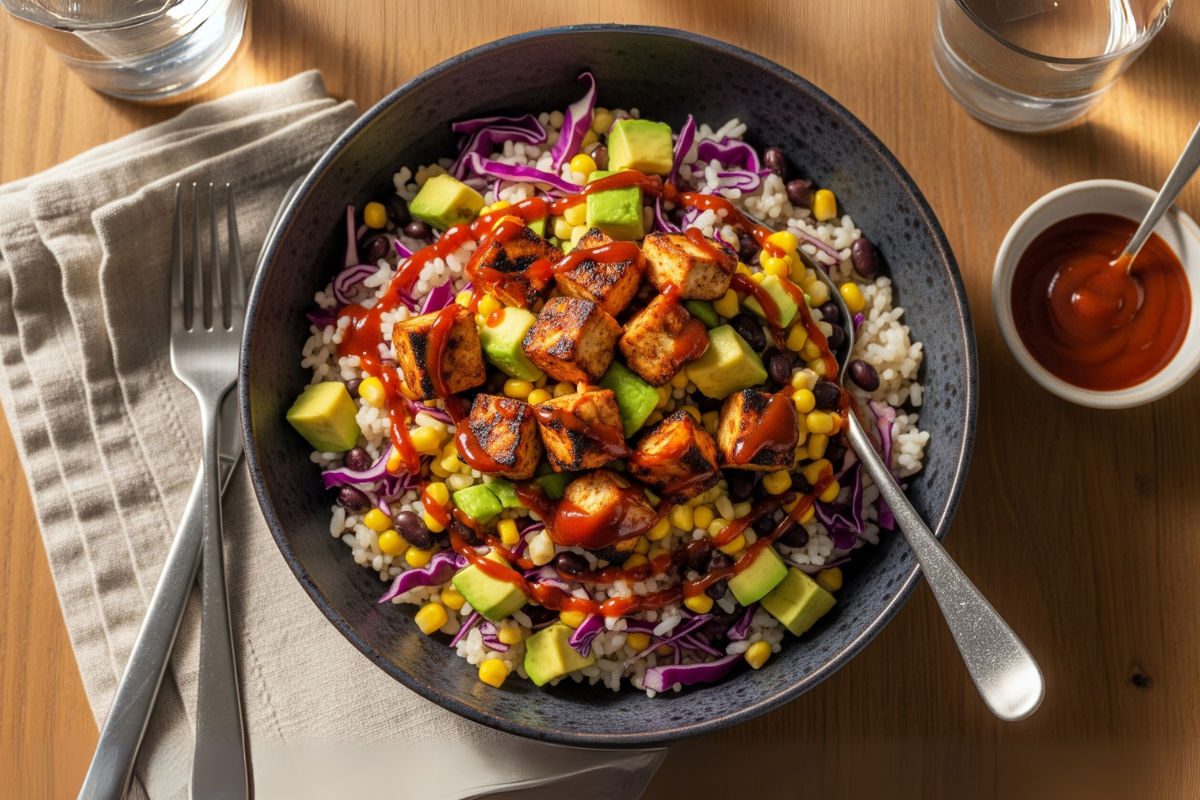 Smokey BBQ Tofu Rice Bowl | iTz noT Sticky Rice with Smokey BBQ Sauce
