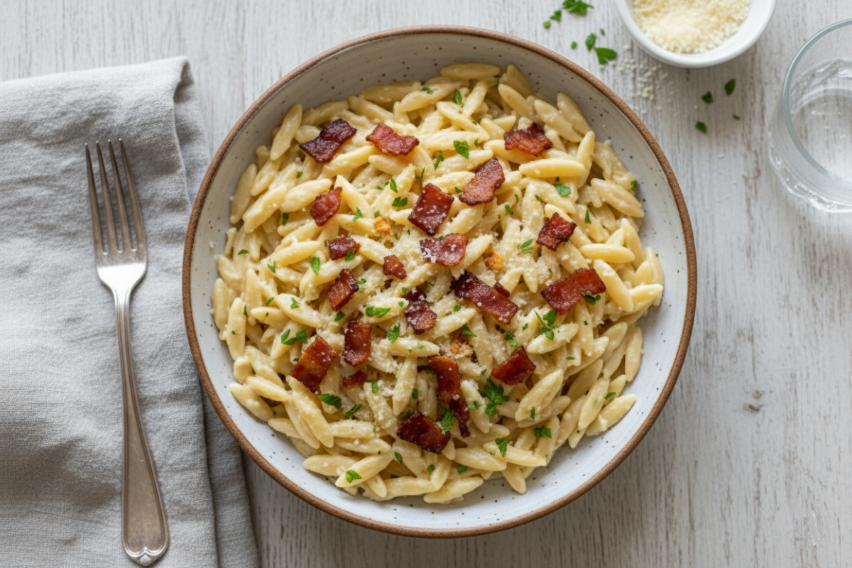 Garlic-Parmesan Low-Carb Orzo with Crispy Bacon