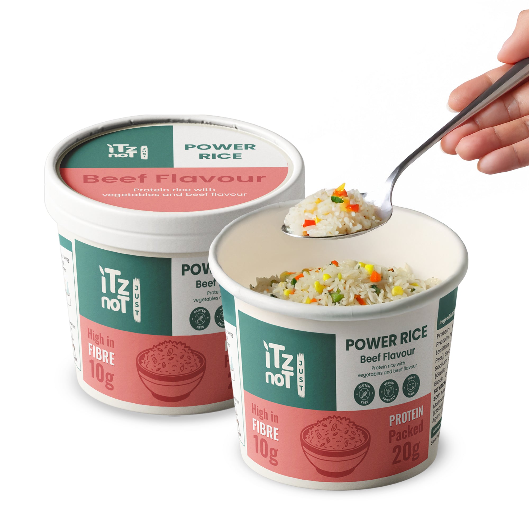iTz noT Just Power Rice Beef Flavour – High Protein & High Fibre – Vegan, Gluten-Free, Low Fat – Instant Rice Pot with Vegetables – Ready in Minutes