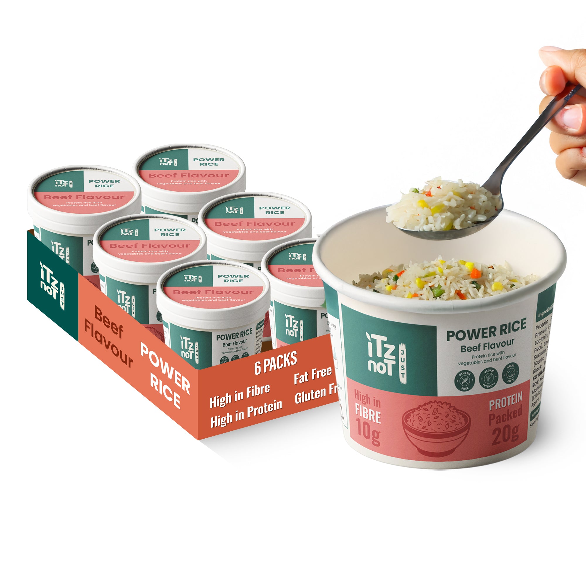 iTz noT Just Power Rice Beef Flavour – High Protein & High Fibre – Vegan, Gluten-Free, Low Fat – Instant Rice Pot with Vegetables – Ready in Minutes
