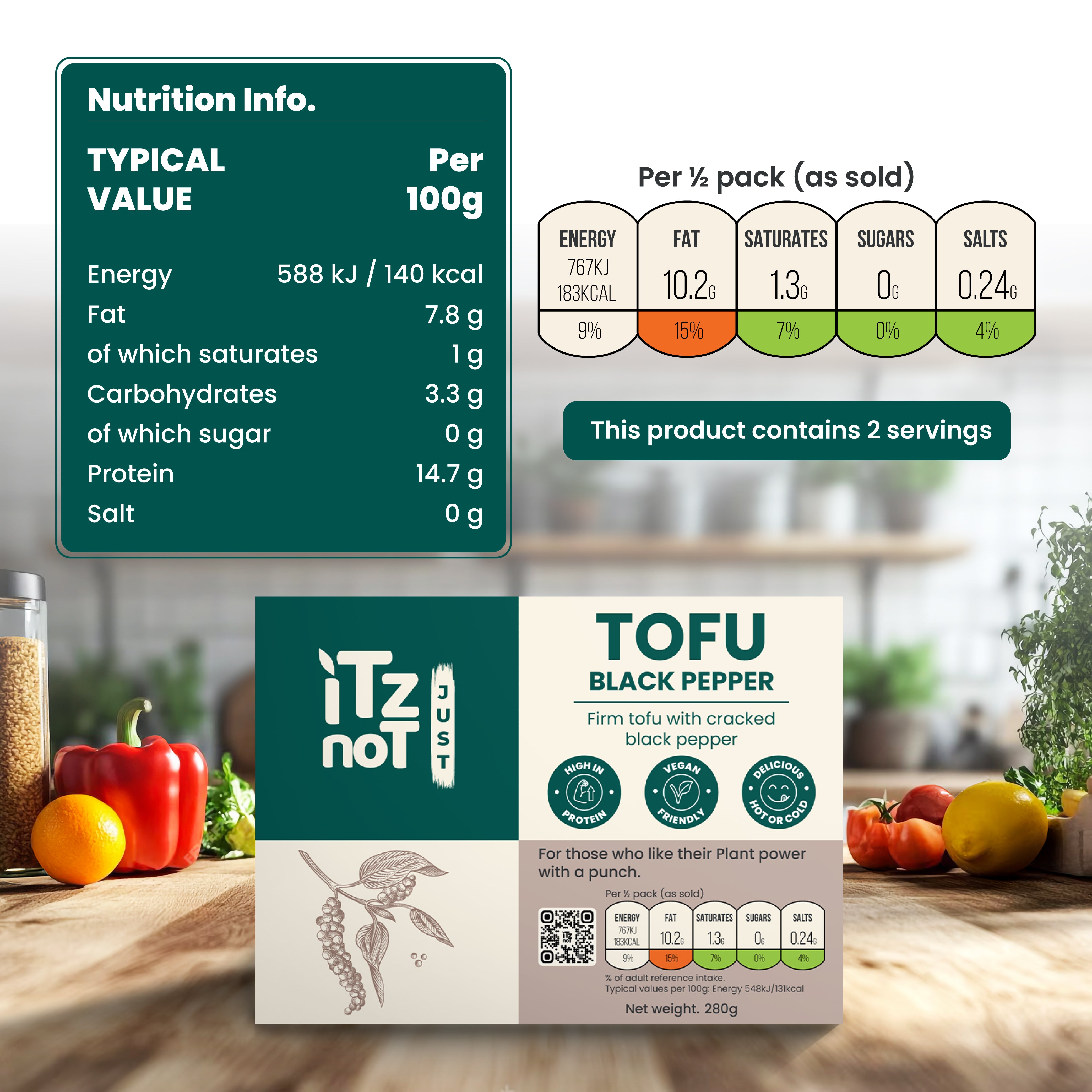 'iTz noT Just' Tofu - It's Black Pepper Tofu. Firm, Vegan, High Protein Tofu With Cracked Black Paper. 280g