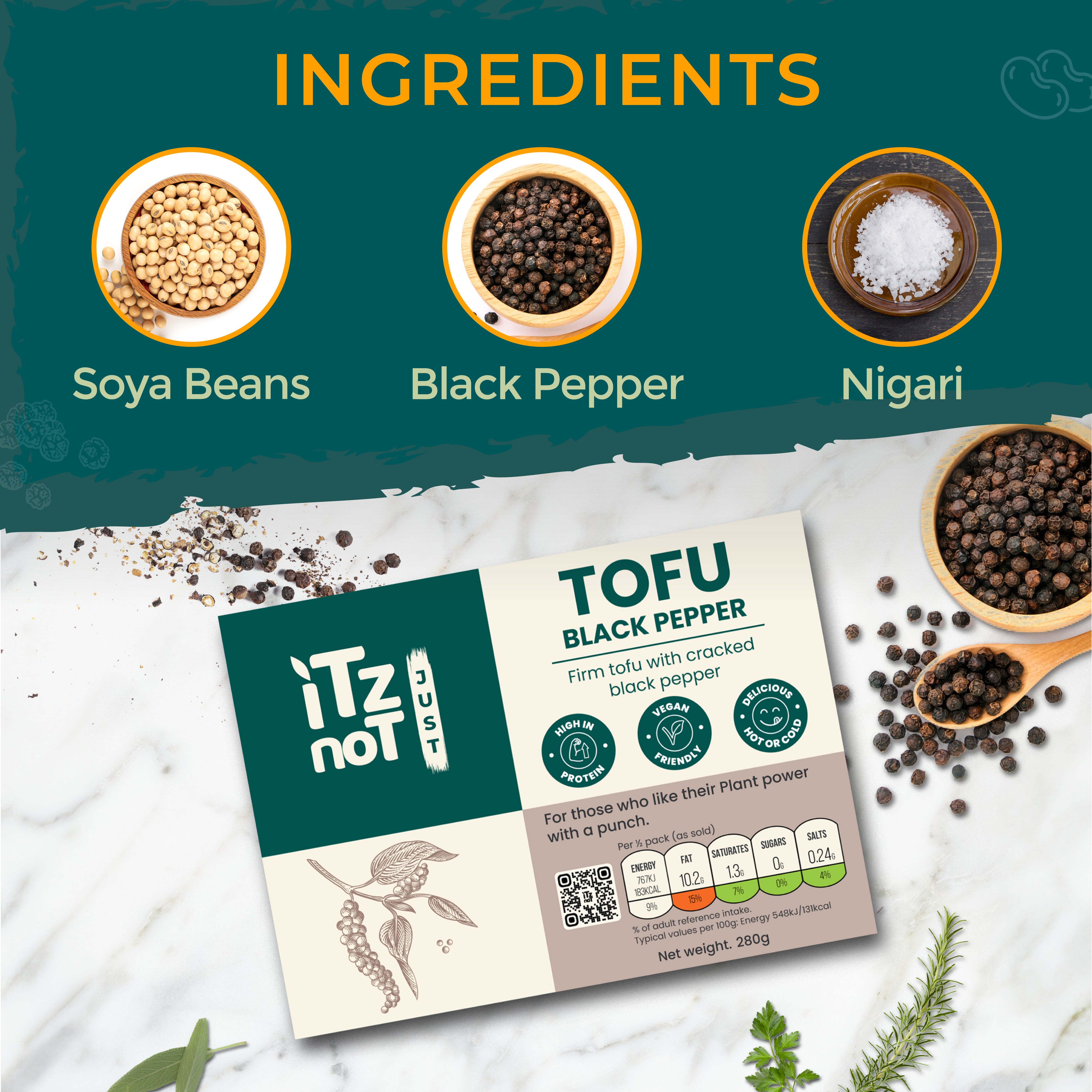 'iTz noT Just' Tofu - It's Black Pepper Tofu. Firm, Vegan, High Protein Tofu With Cracked Black Paper. 280g