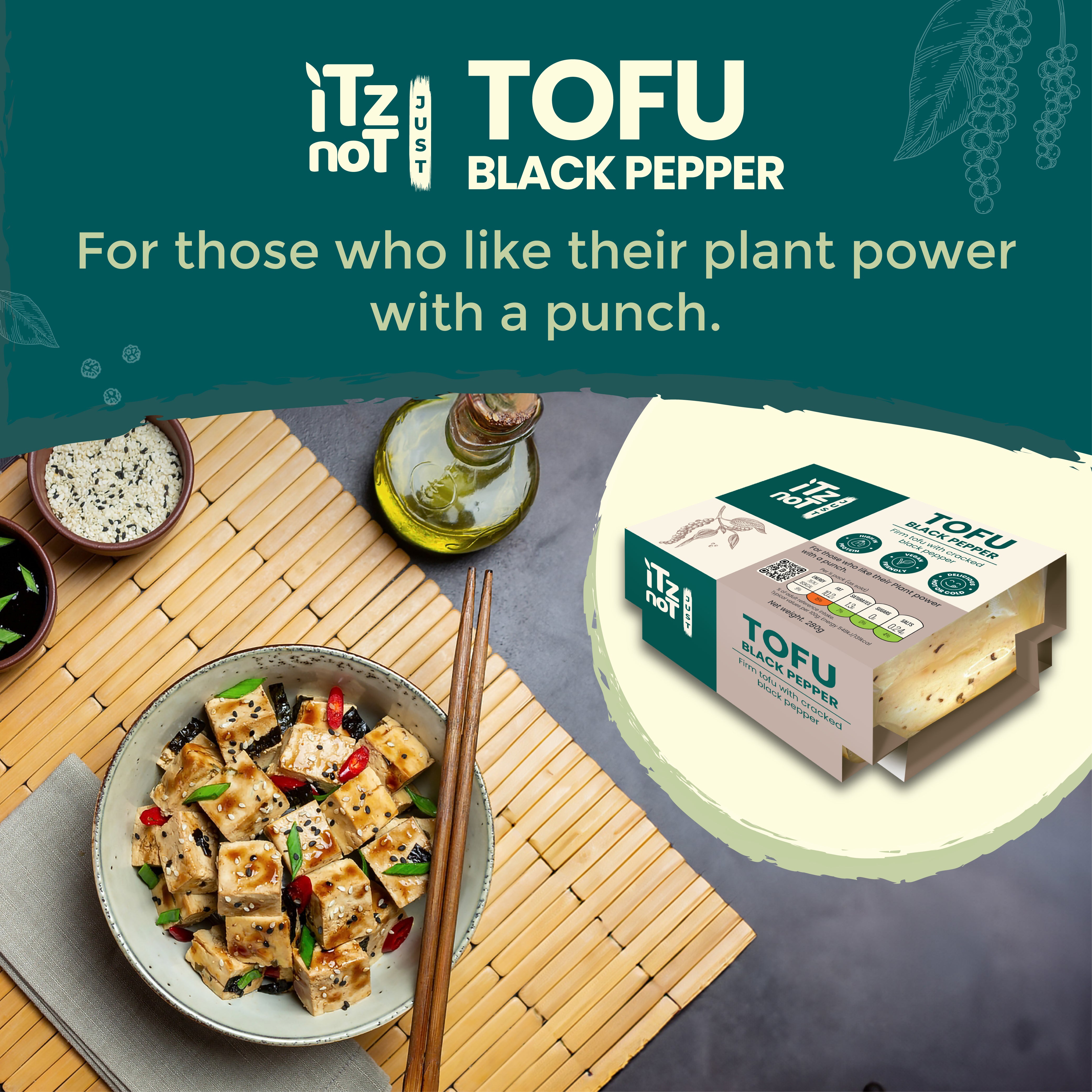 'iTz noT Just' Tofu - It's Black Pepper Tofu. Firm, Vegan, High Protein Tofu With Cracked Black Paper. 280g