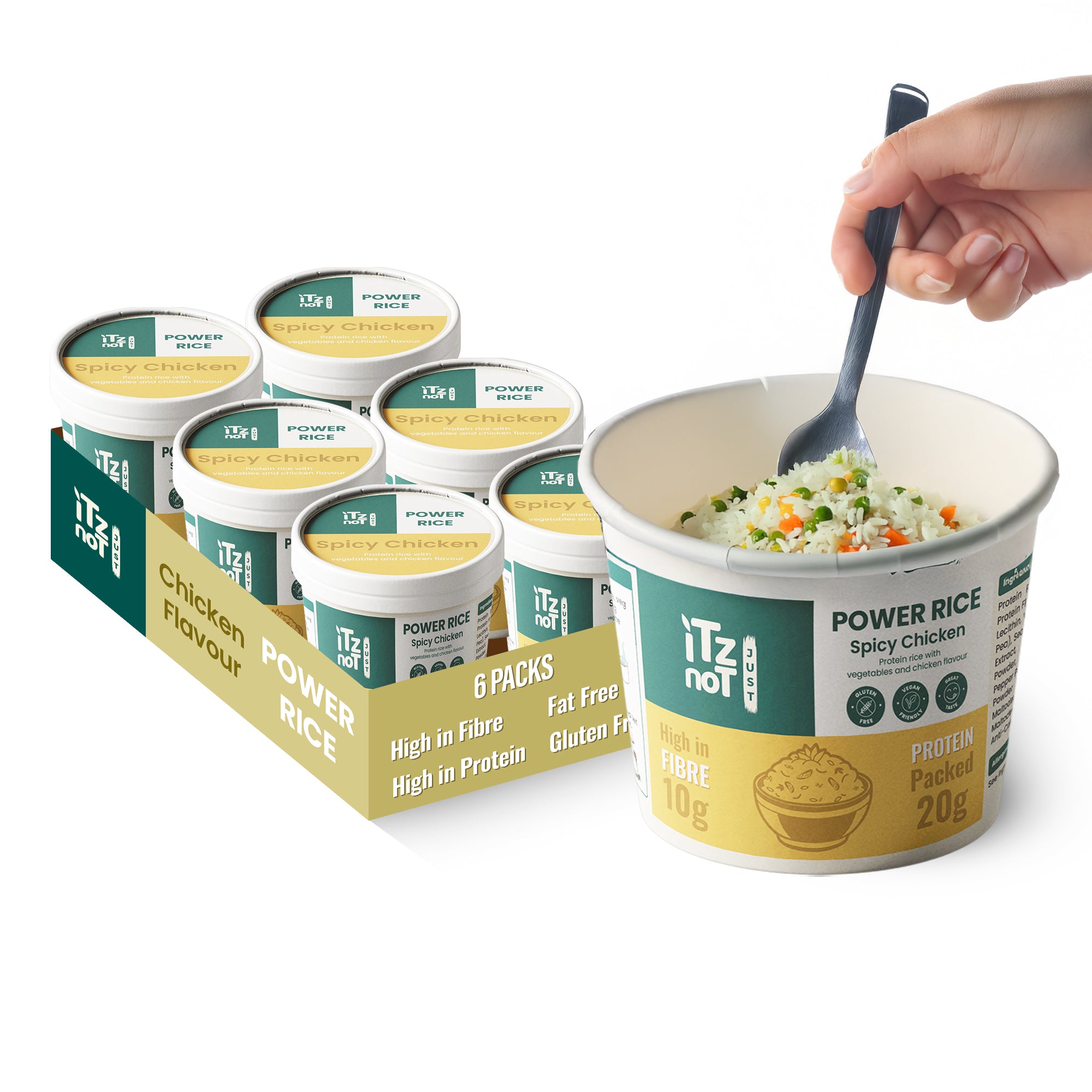 iTz noT Just Power Rice Chicken Flavour – High Protein & High Fibre – Vegan, Gluten-Free, Low Fat – Instant Rice Pot with Vegetables – Ready in Minutes