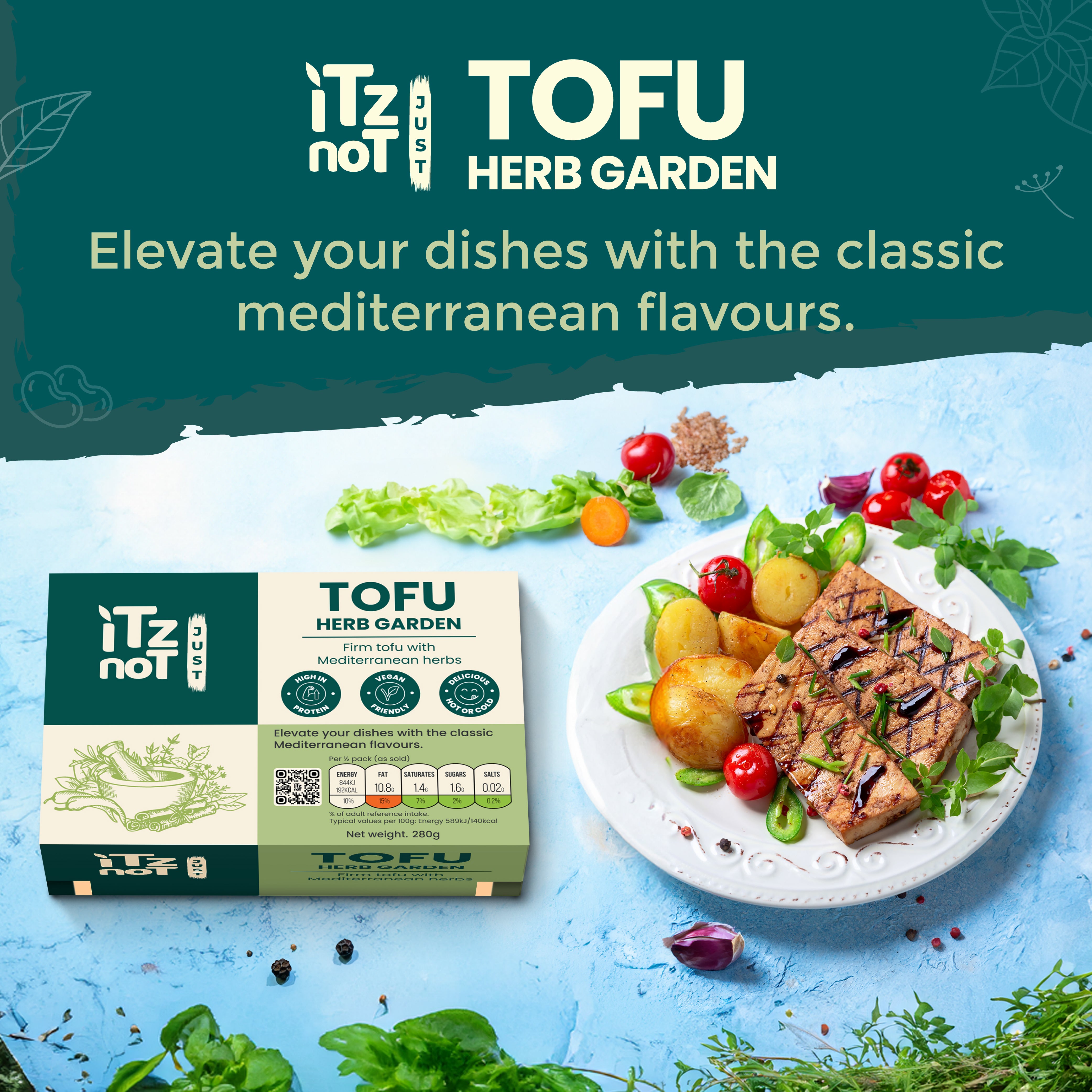 'iTz noT Just' Tofu - It's Mediterranean Herbs Tofu. Firm, Vegan & High Protein Tofu.