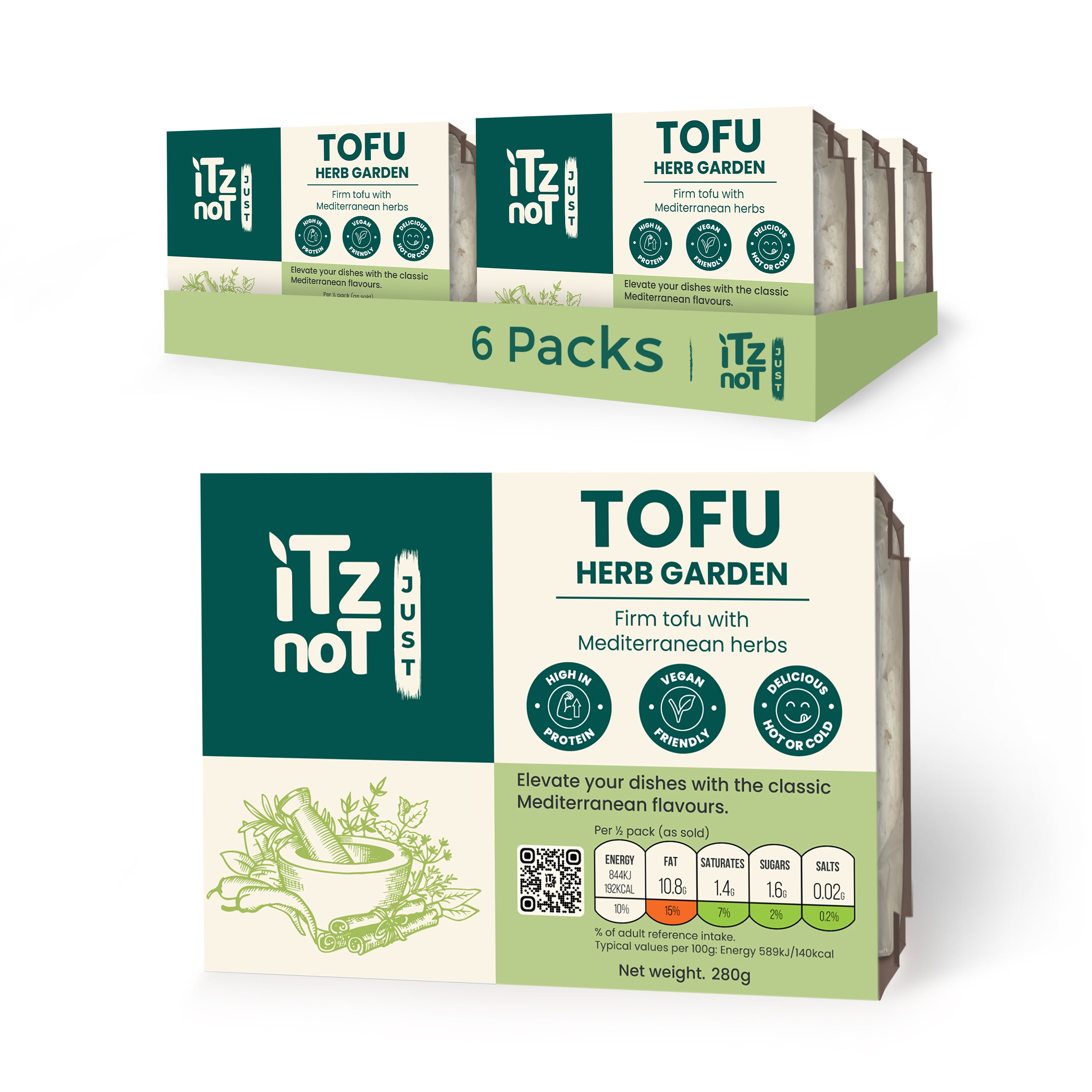 'iTz noT Just' Tofu - It's Mediterranean Herbs Tofu. Firm, Vegan & High Protein Tofu. 280g