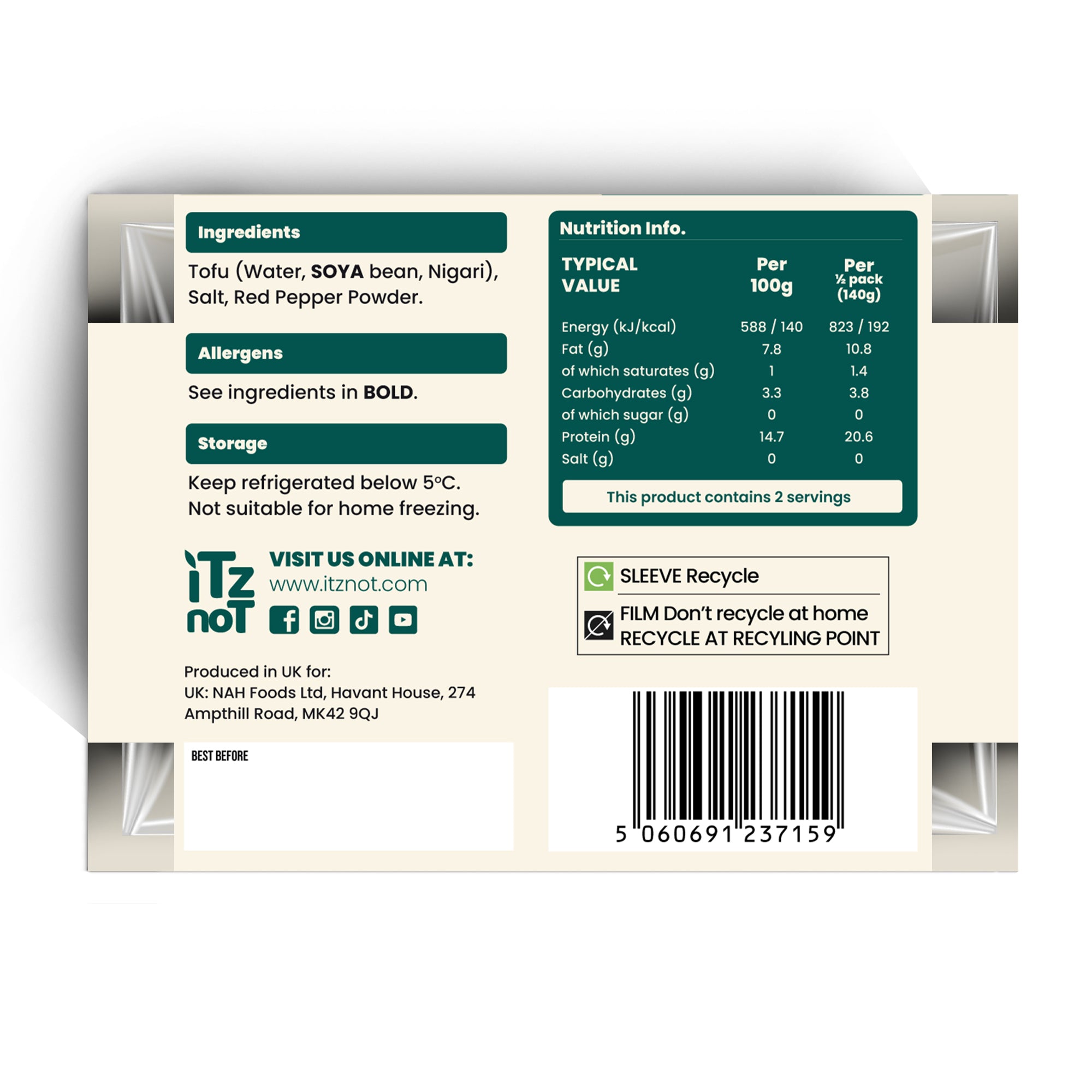 'iTz noT Just' Tofu - It's Korean Chilli Tofu. Firm, Vegan, High Protein Tofu With Korean Chilli Flavour. Healthy, Dairy Free Tofu. 280g