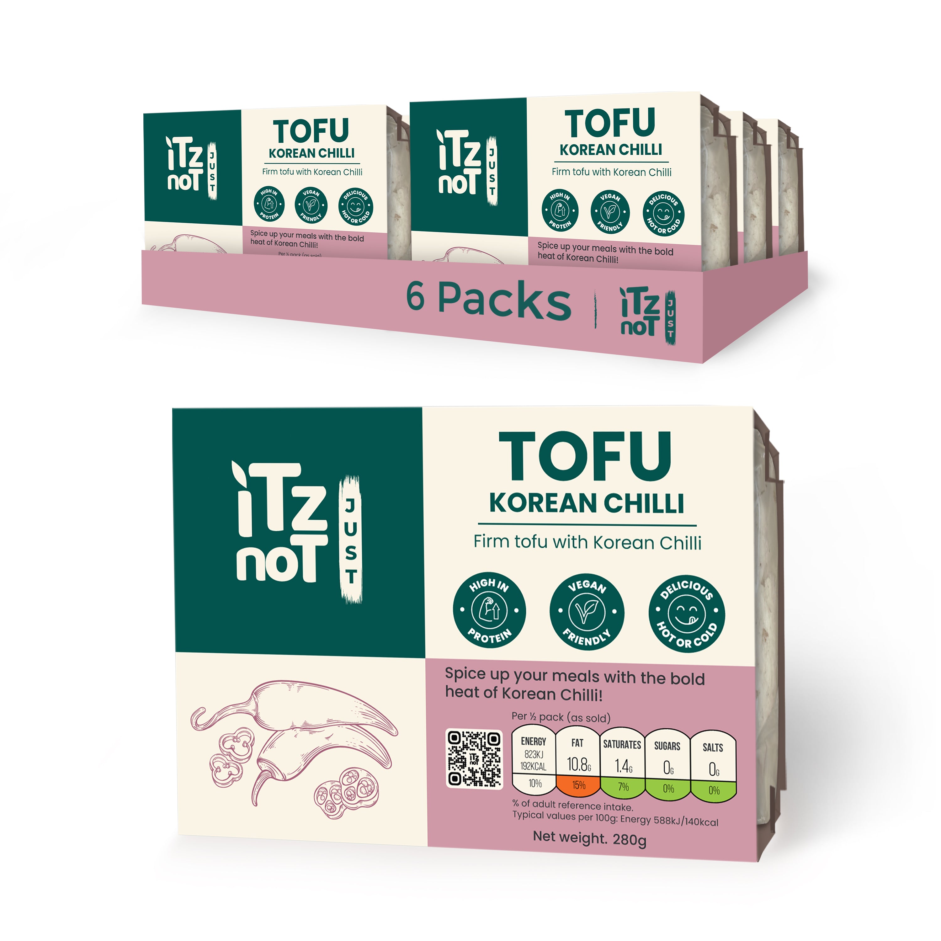 'iTz noT Just' Tofu - It's Korean Chilli Tofu. Firm, Vegan, High Protein Tofu With Korean Chilli Flavour. Healthy, Dairy Free Tofu. 280g