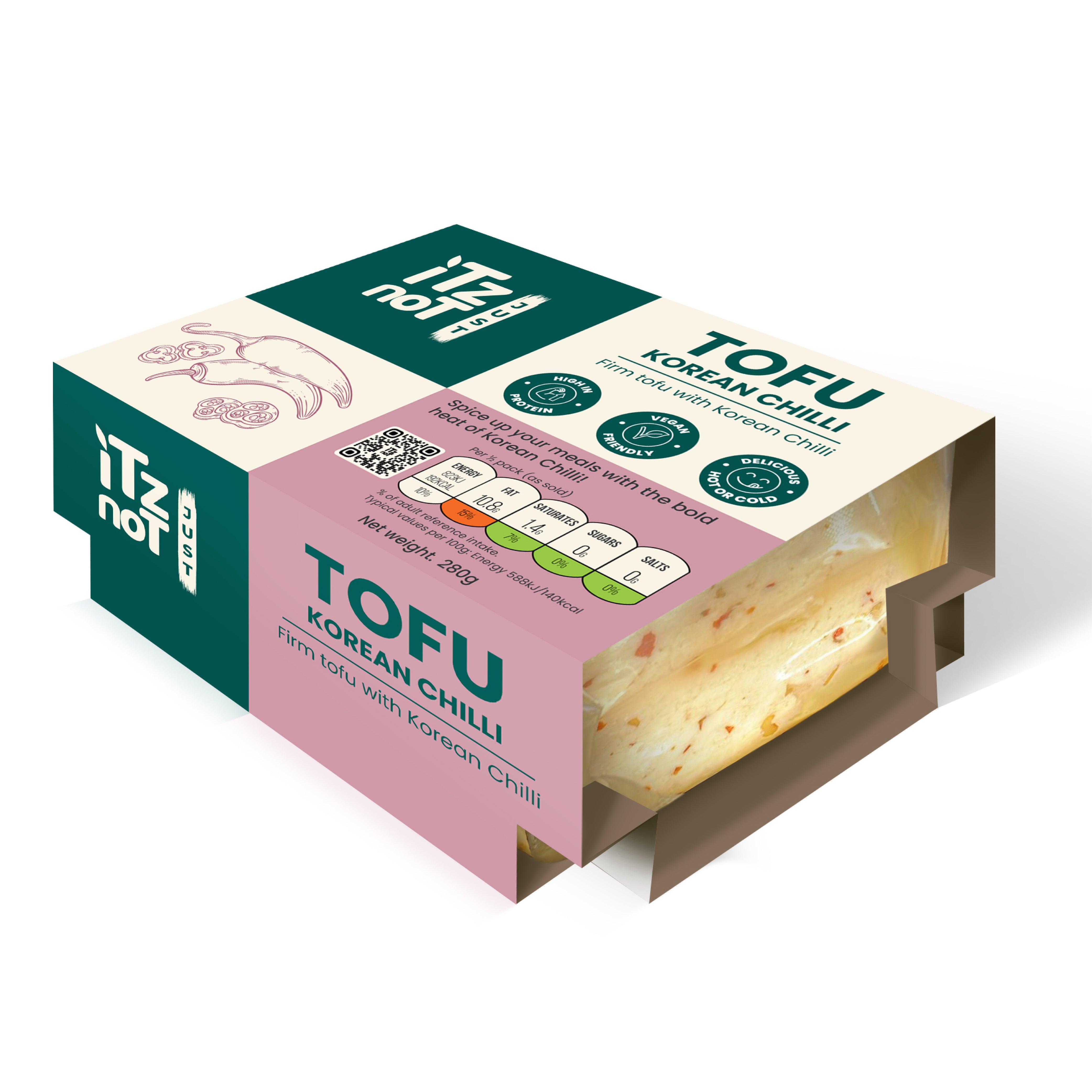 'iTz noT Just' Tofu - It's Korean Chilli Tofu. Firm, Vegan, High Protein Tofu With Korean Chilli Flavour. Healthy, Dairy Free Tofu. 280g