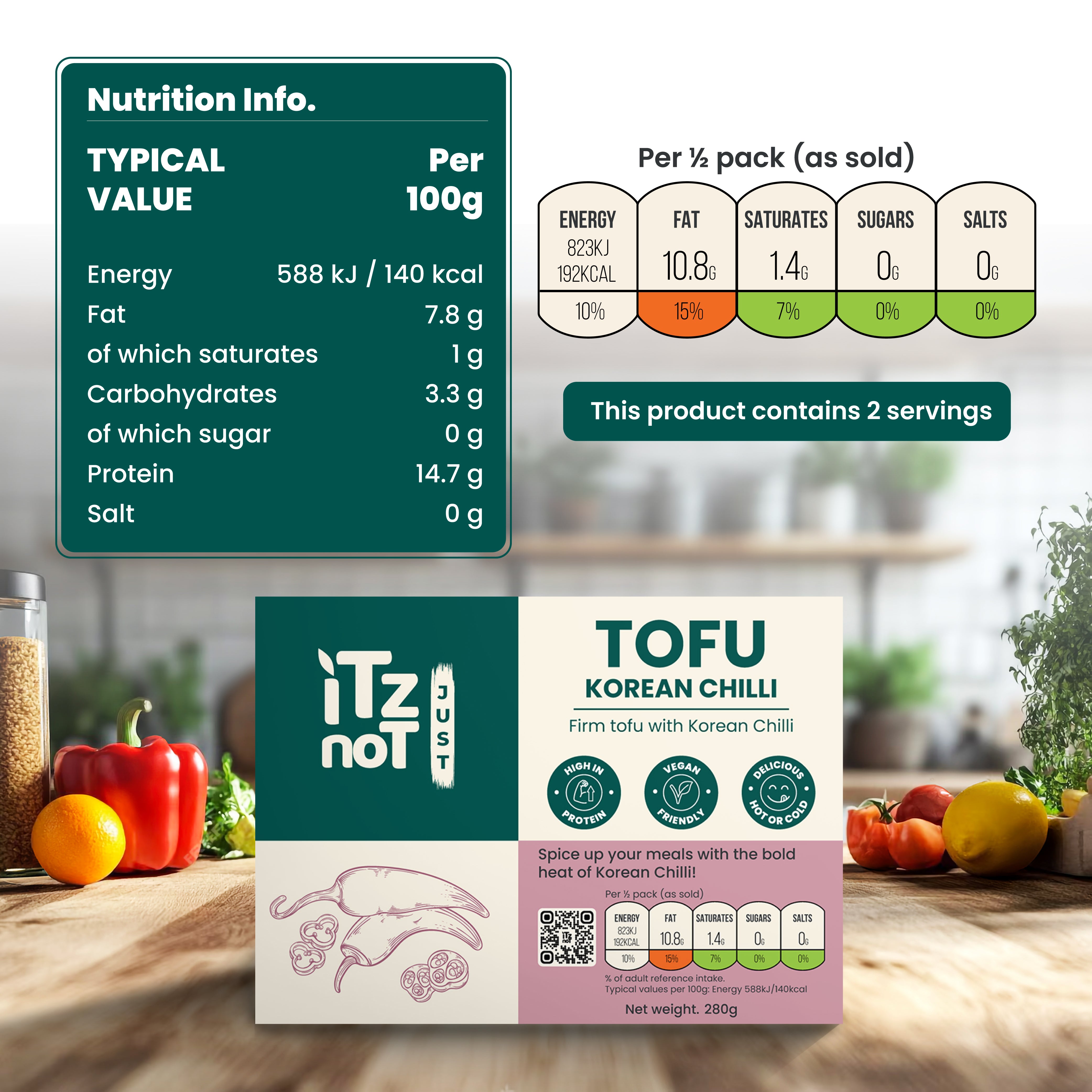 'iTz noT Just' Tofu - It's Korean Chilli Tofu. Firm, Vegan, High Protein Tofu With Korean Chilli Flavour. Healthy, Dairy Free Tofu. 280g