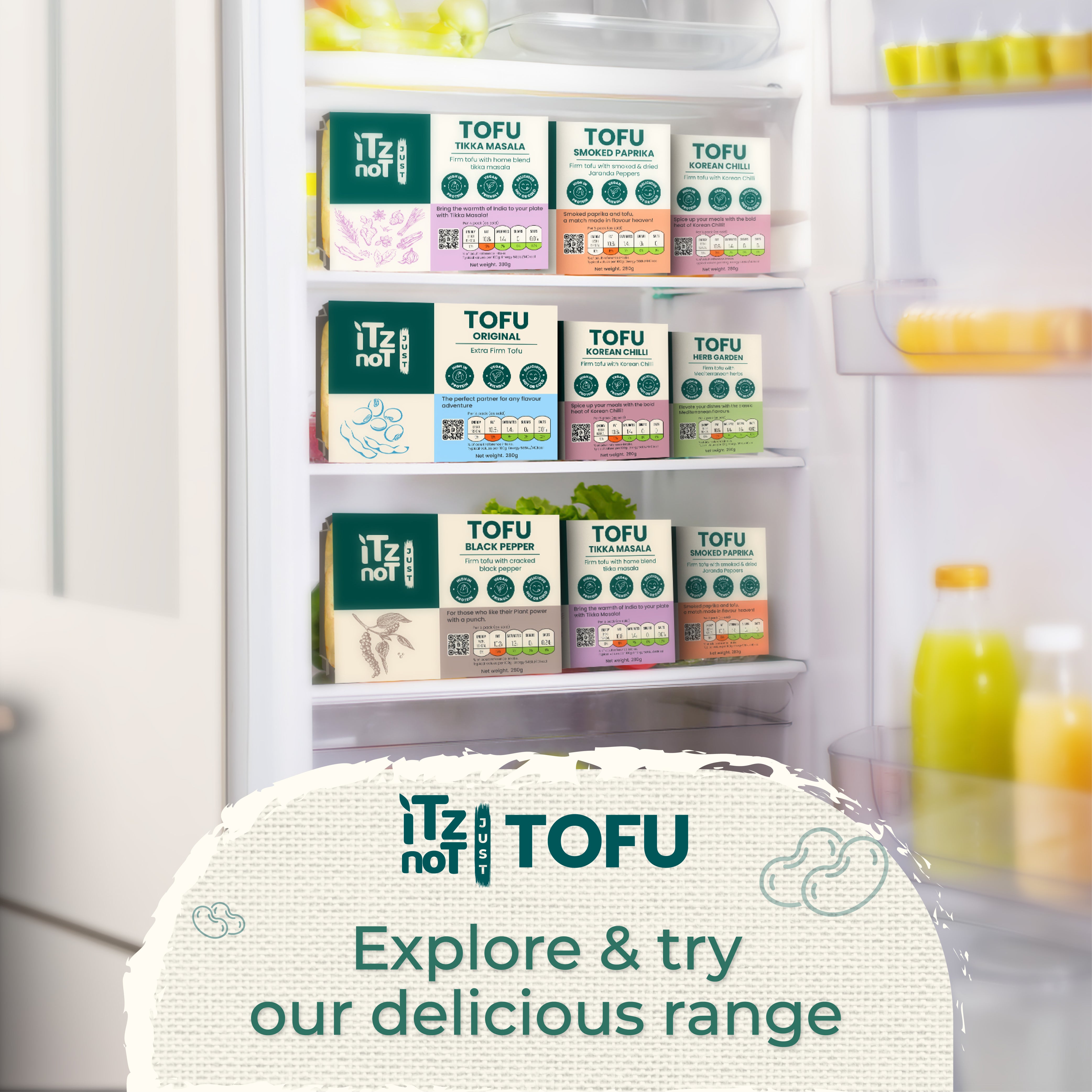 'iTz noT Just' Tofu - It's Korean Chilli Tofu. Firm, Vegan, High Protein Tofu With Korean Chilli Flavour. Healthy, Dairy Free Tofu. 280g