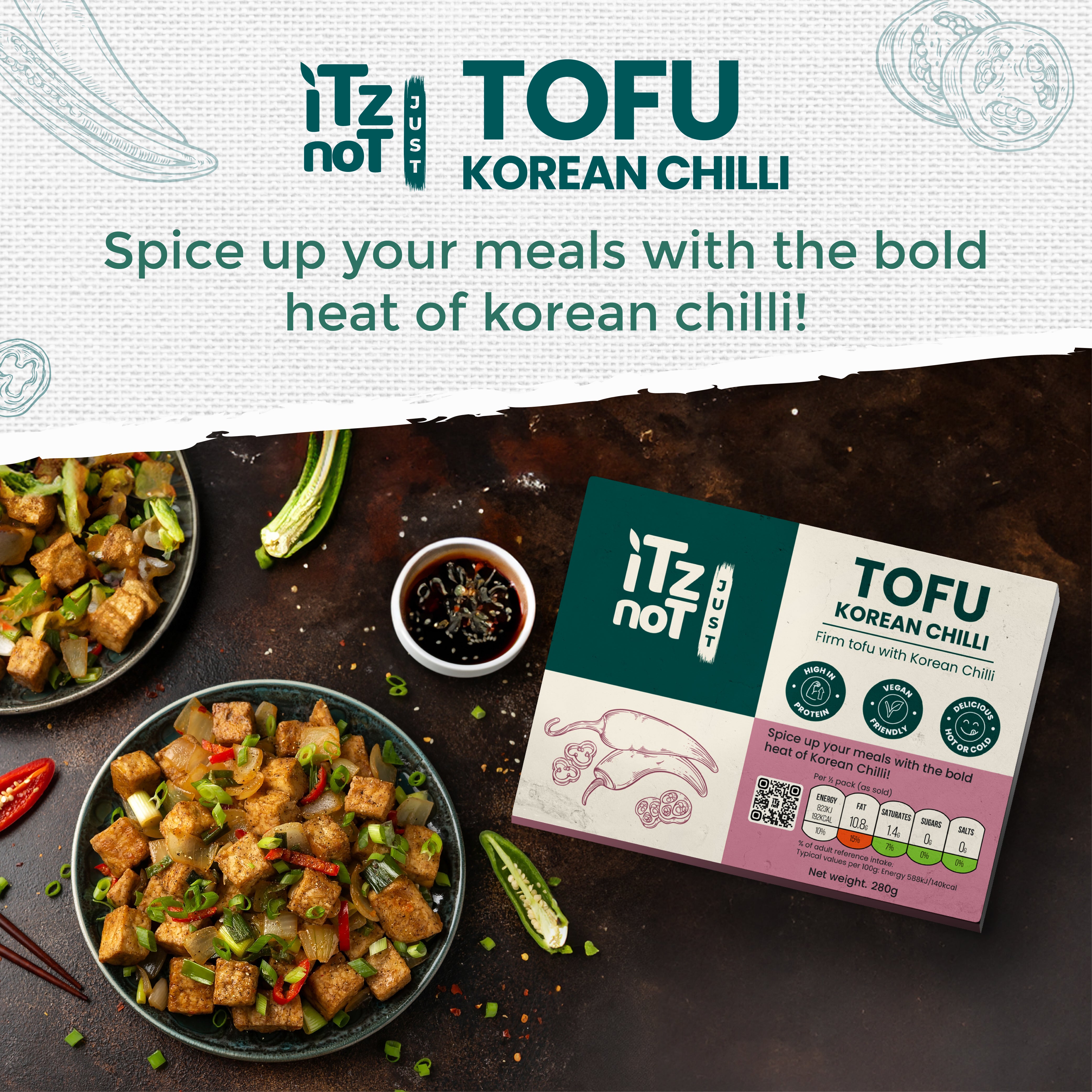 'iTz noT Just' Tofu - It's Korean Chilli Tofu. Firm, Vegan, High Protein Tofu With Korean Chilli Flavour. Healthy, Dairy Free Tofu. 280g