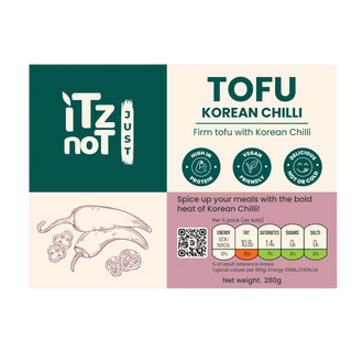 'iTz noT Just' Tofu - It's Korean Chilli Tofu. Firm, Vegan, High Protein Tofu With Korean Chilli Flavour. Healthy, Dairy Free Tofu. 280g