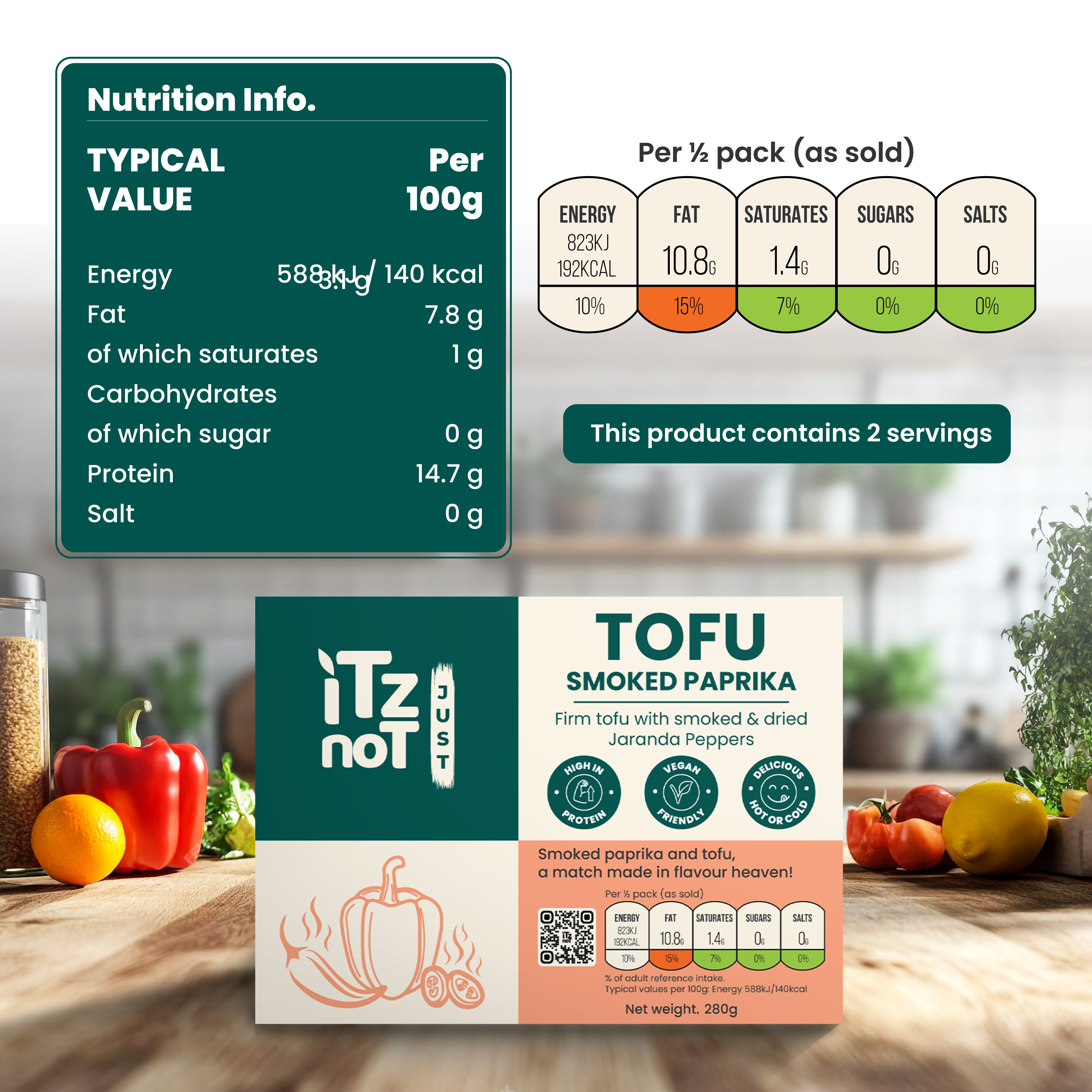 'iTz noT Just' Tofu - It's Smoked Paprika Tofu. Firm, Vegan, High Protein Tofu With Paprika Flavour. Healthy, Dairy Free Tofu. 280g