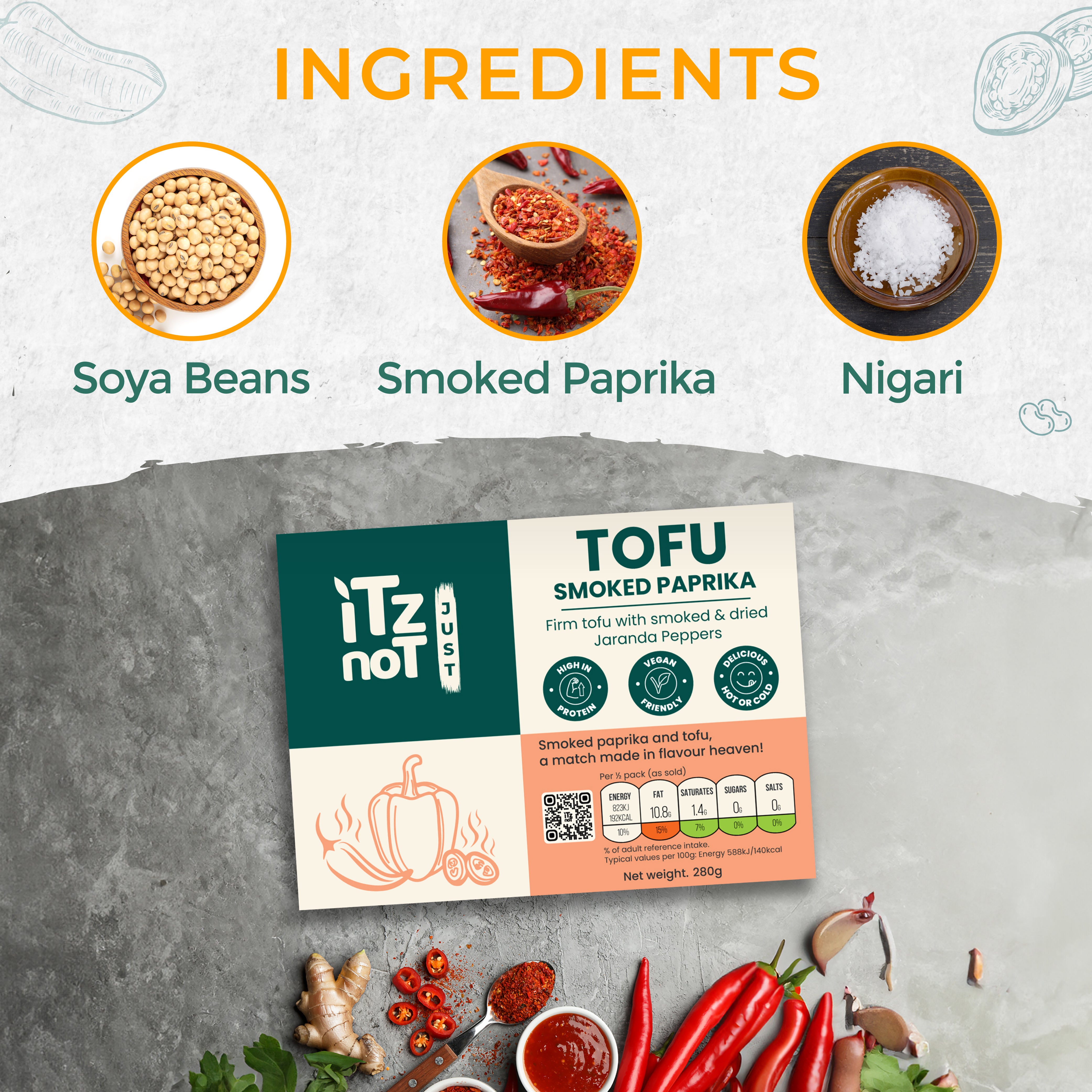 'iTz noT Just' Tofu - It's Smoked Paprika Tofu. Firm, Vegan, High Protein Tofu With Paprika Flavour. Healthy, Dairy Free Tofu. 280g