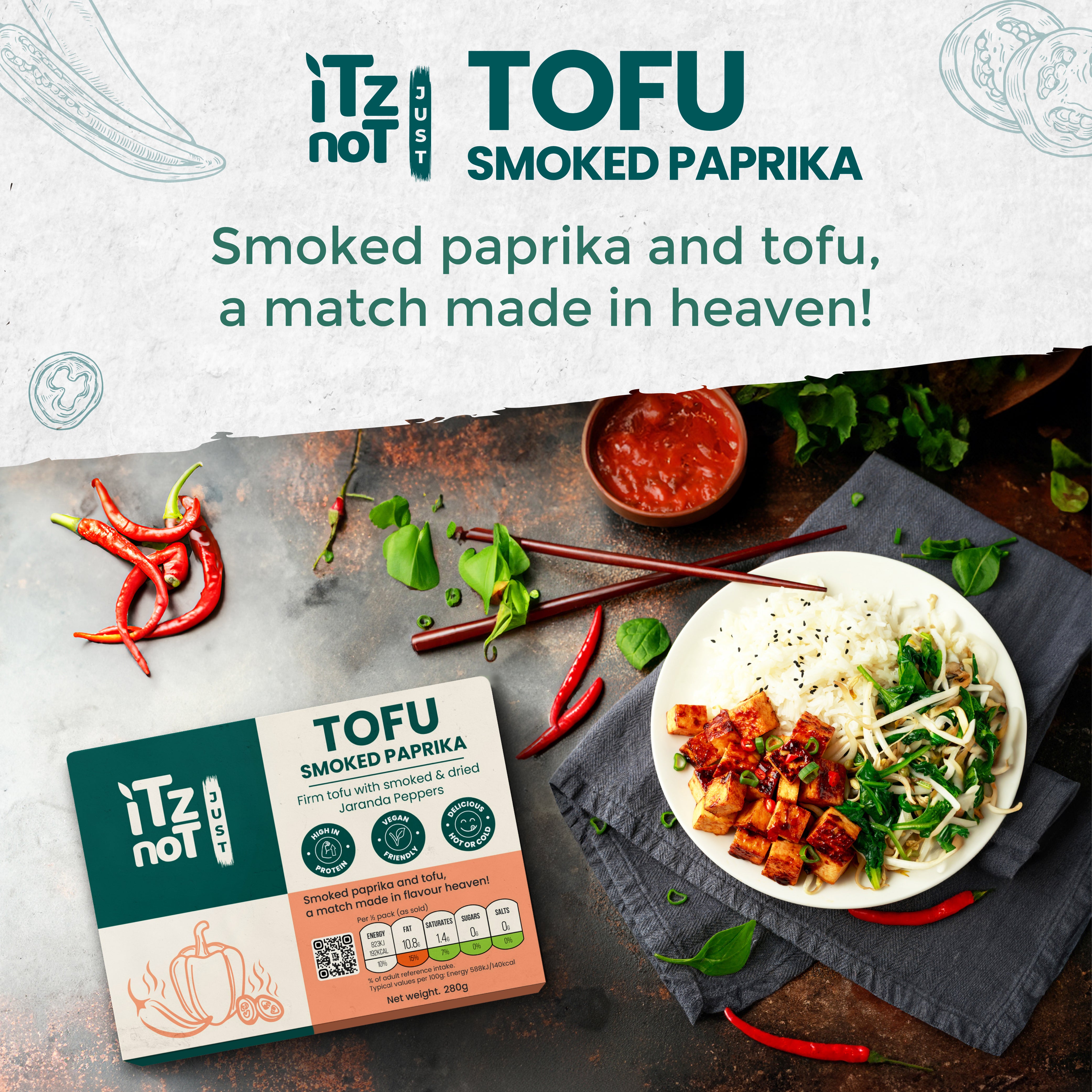 'iTz noT Just' Tofu - It's Smoked Paprika Tofu. Firm, Vegan, High Protein Tofu With Paprika Flavour. Healthy, Dairy Free Tofu. 280g