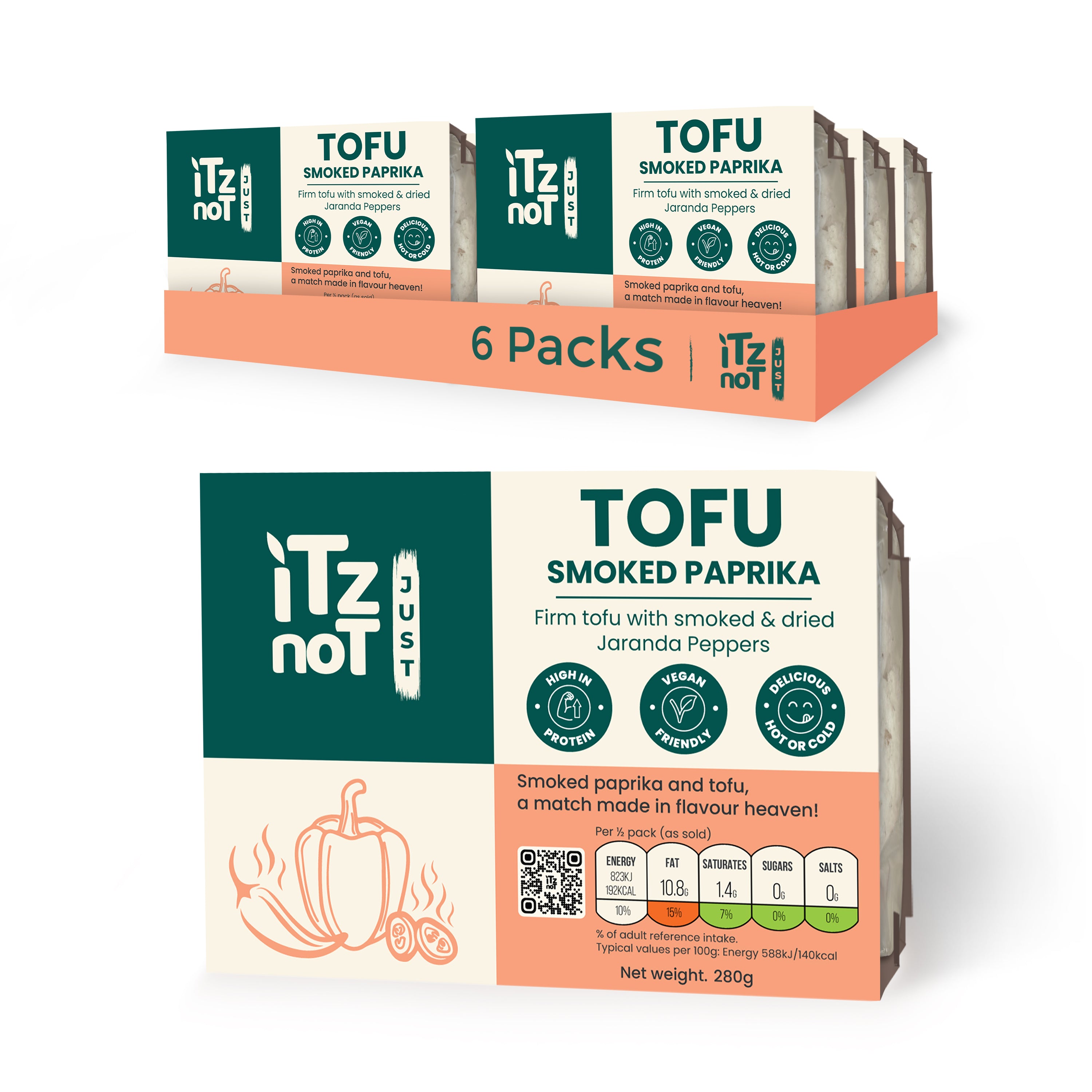 'iTz noT Just' Tofu - It's Smoked Paprika Tofu. Firm, Vegan, High Protein Tofu With Paprika Flavour. Healthy, Dairy Free Tofu. 280g