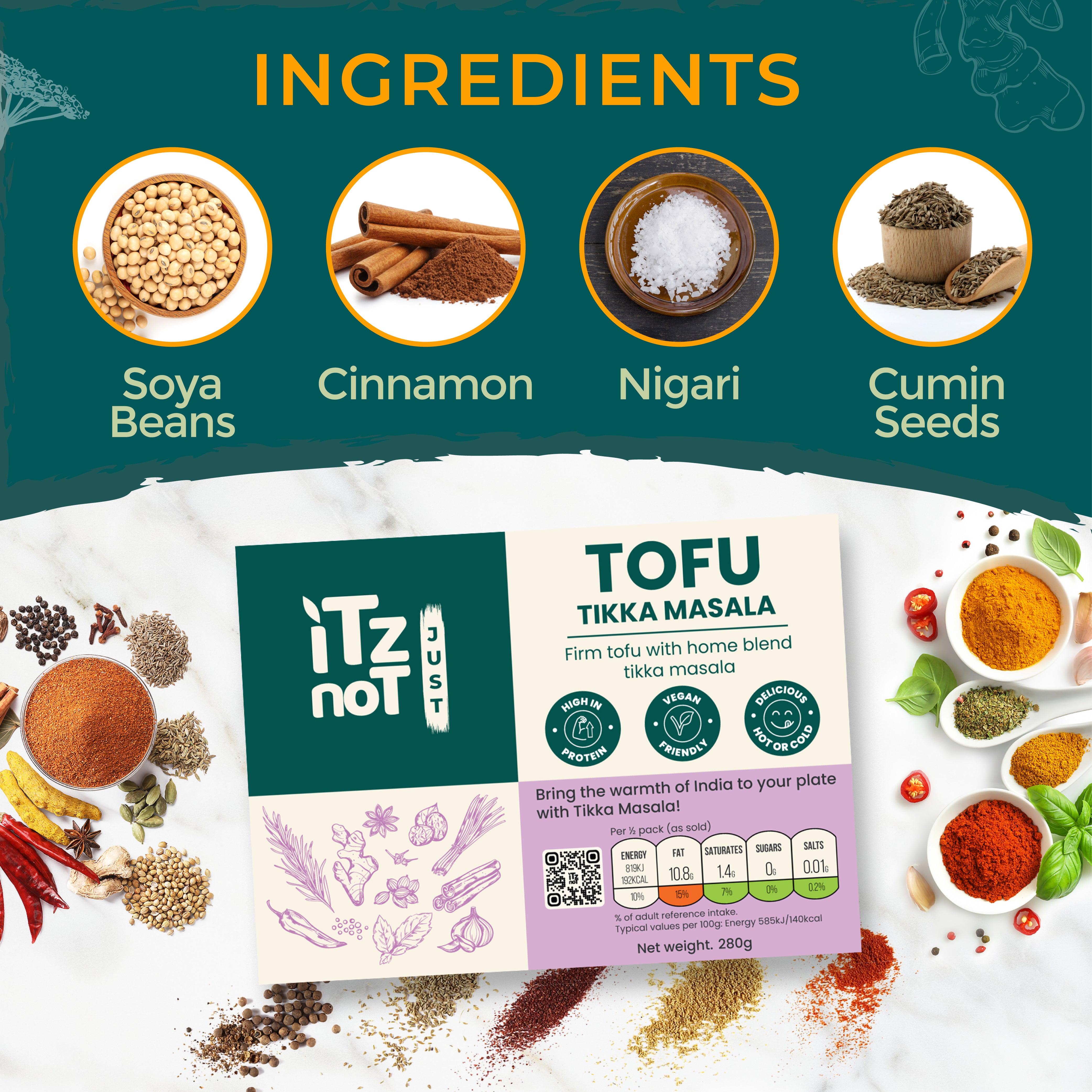 'iTz noT Just' Tofu - It's Tikka Masala Tofu. Firm, Vegan, High Protein Tofu With Tikka Masala Flavour. Healthy, Dairy Free Tofu