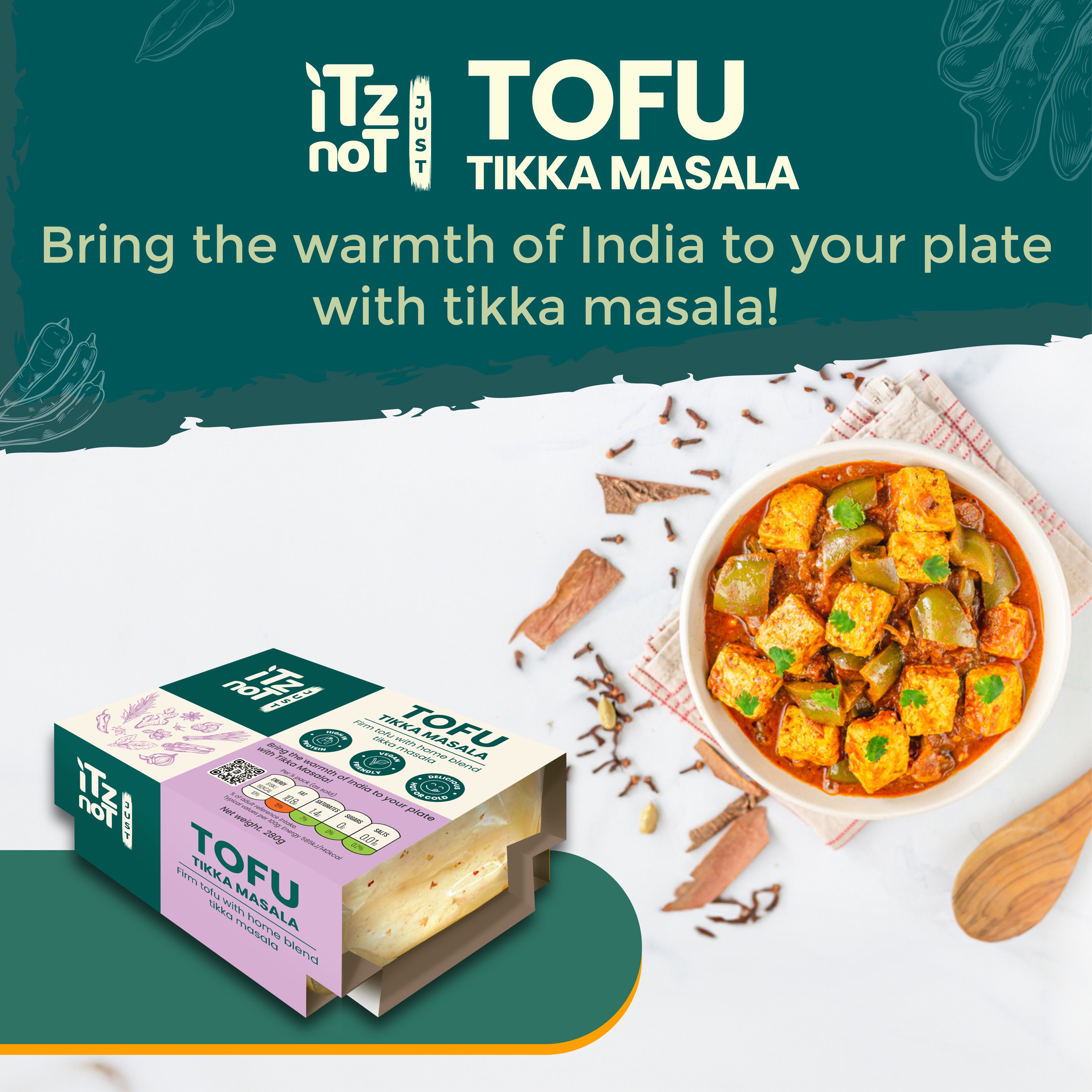 'iTz noT Just' Tofu - It's Tikka Masala Tofu. Firm, Vegan, High Protein Tofu With Tikka Masala Flavour. Healthy, Dairy Free Tofu. 280g