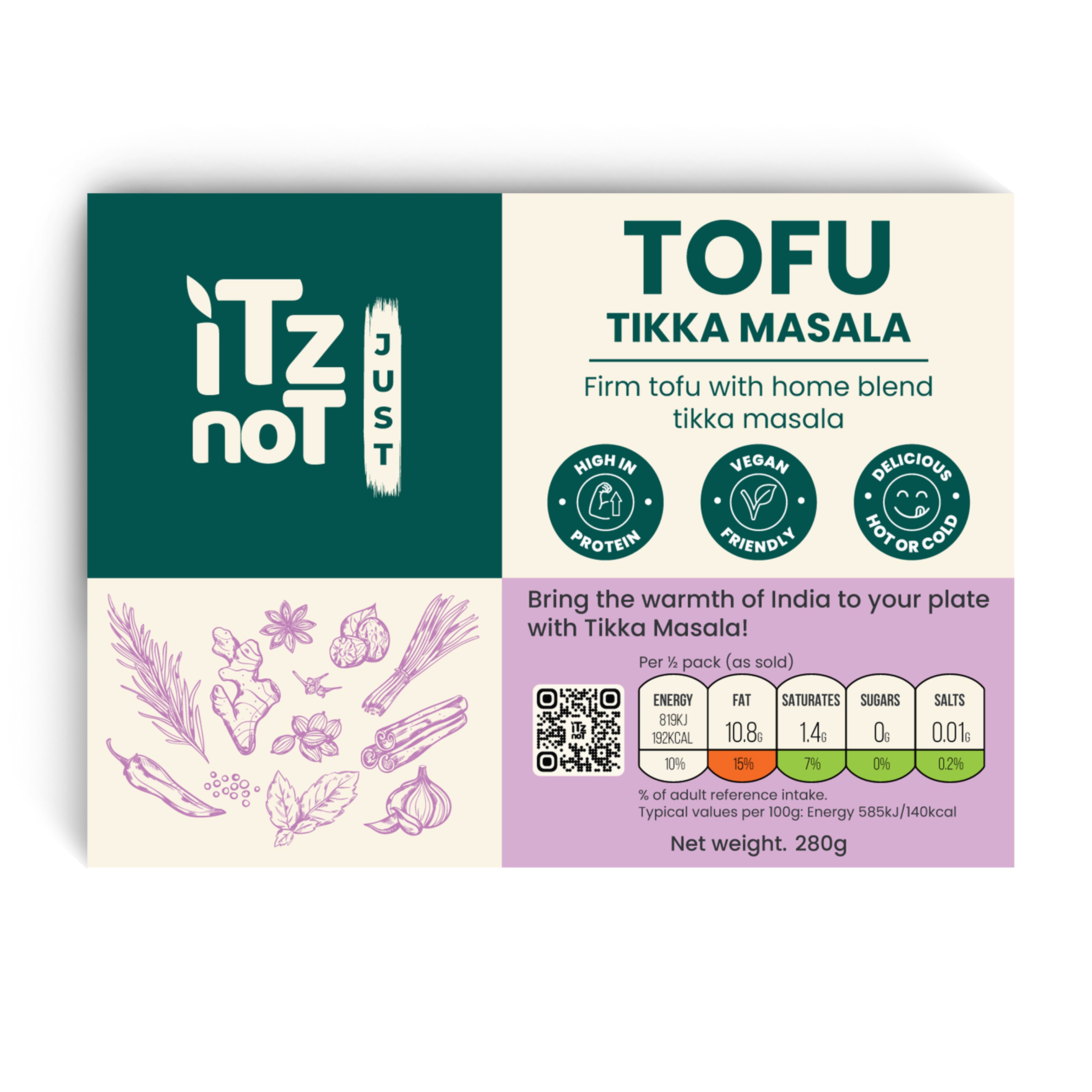 'iTz noT Just' Tofu - It's Tikka Masala Tofu. Firm, Vegan, High Protein Tofu With Tikka Masala Flavour. Healthy, Dairy Free Tofu