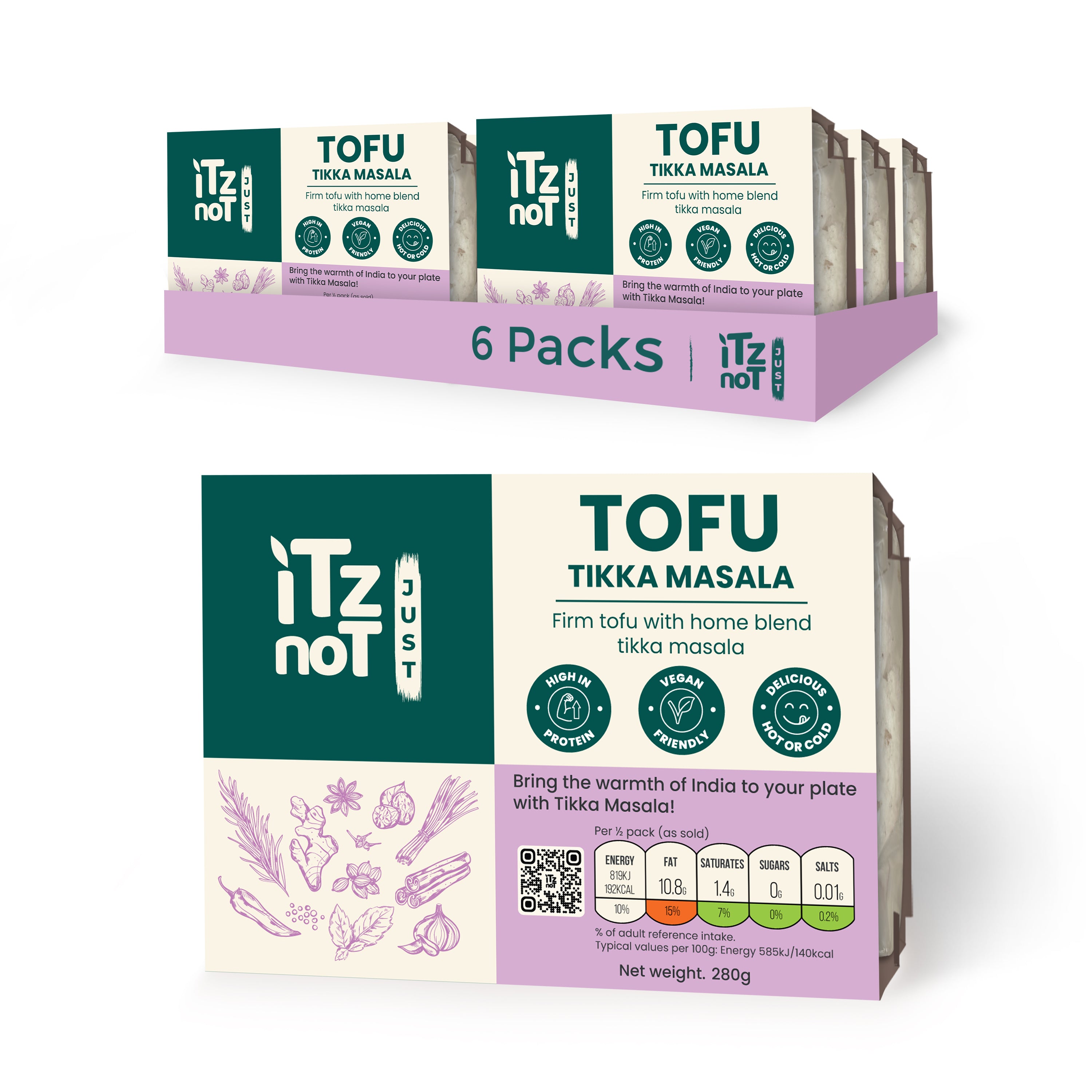 'iTz noT Just' Tofu - It's Tikka Masala Tofu. Firm, Vegan, High Protein Tofu With Tikka Masala Flavour. Healthy, Dairy Free Tofu. 280g