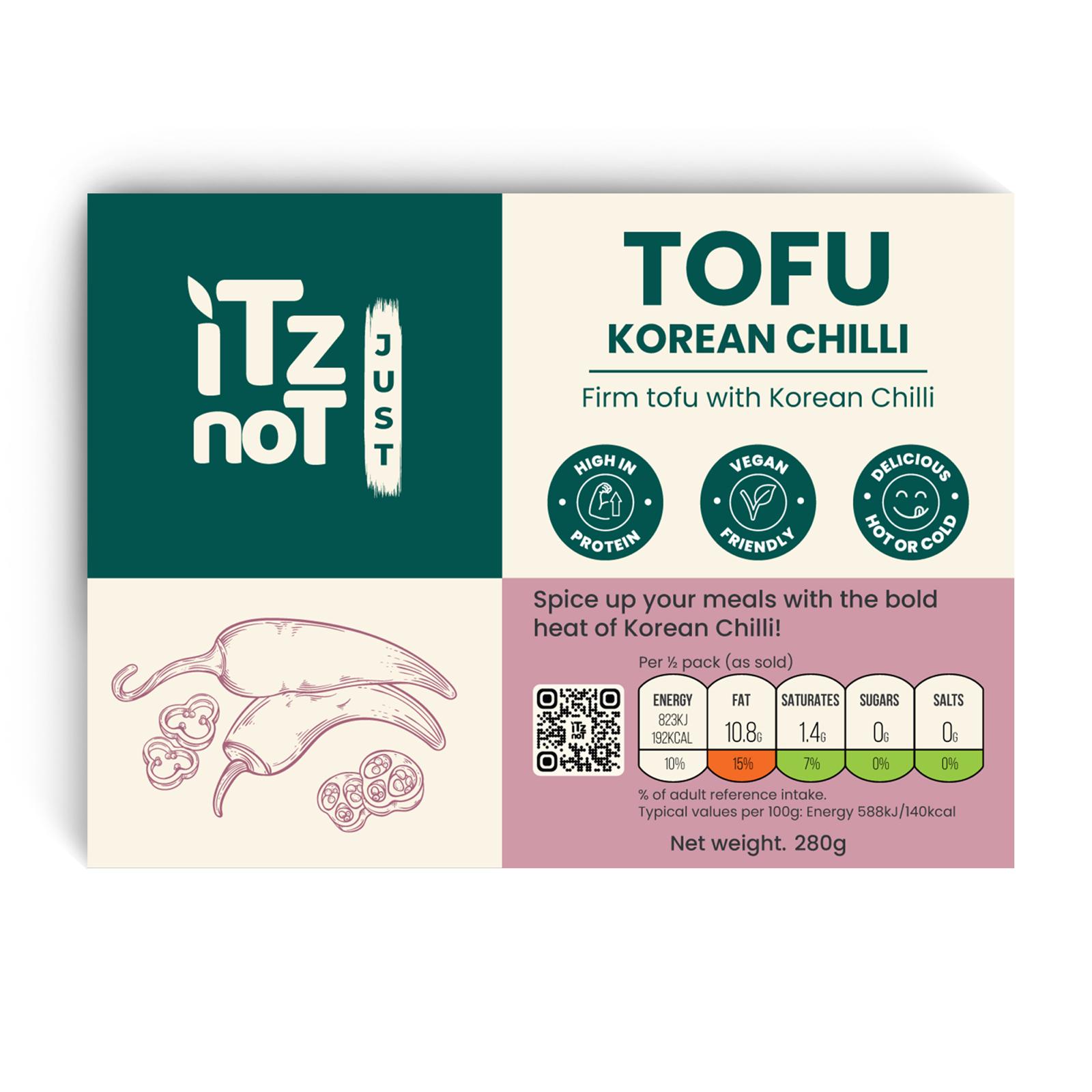 'iTz noT Just' Tofu - It's Korean Chilli Tofu. Firm, Vegan, High Protein Tofu With Korean Chilli Flavour. Healthy, Dairy Free Tofu. 280g