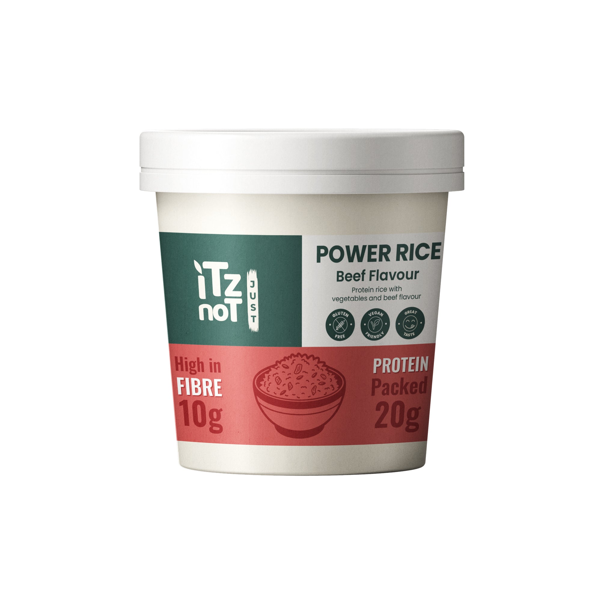 iTz noT Just Power Rice Beef Flavour – High Protein & High Fibre – Vegan, Gluten-Free, Low Fat – Instant Rice Pot with Vegetables – Ready in Minutes