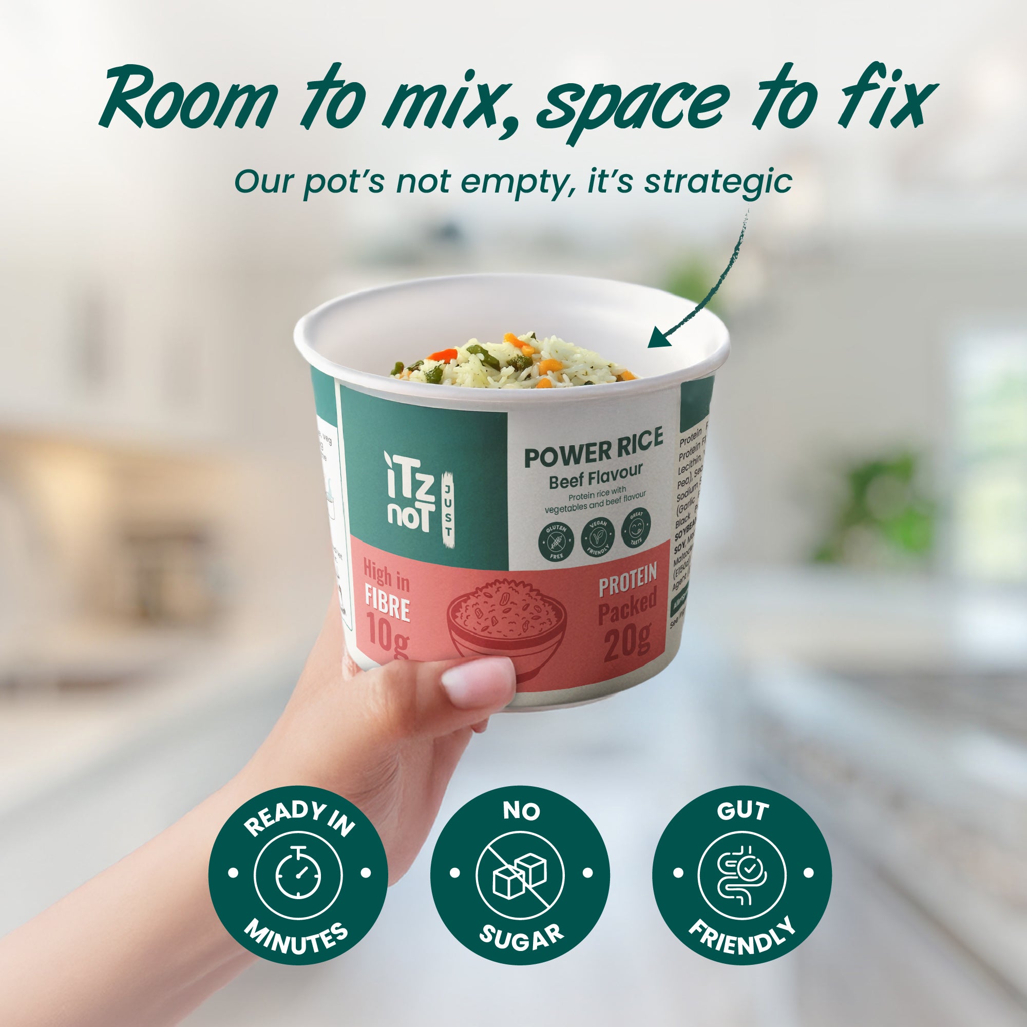 iTz noT Just Power Rice Beef Flavour – High Protein & High Fibre – Vegan, Gluten-Free, Low Fat – Instant Rice Pot with Vegetables – Ready in Minutes