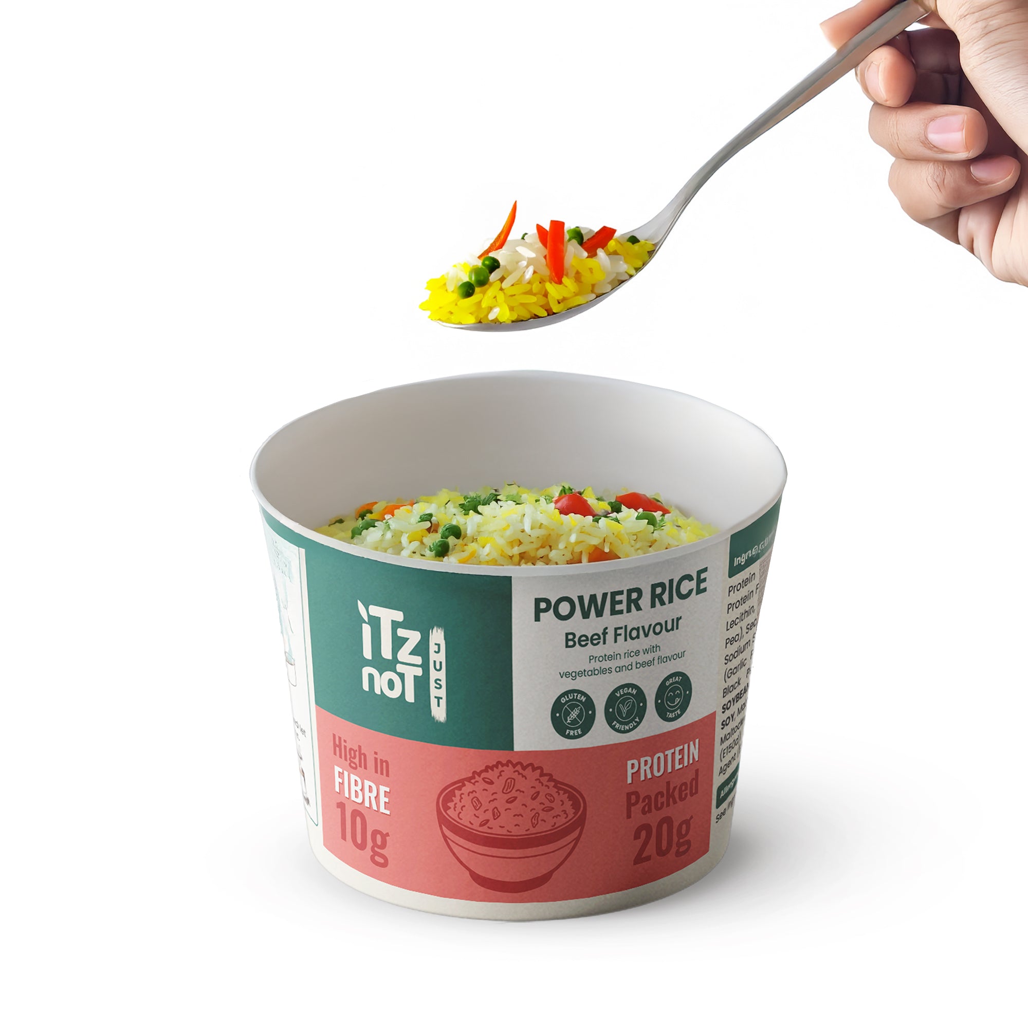 iTz noT Just Power Rice Beef Flavour – High Protein & High Fibre – Vegan, Gluten-Free, Low Fat – Instant Rice Pot with Vegetables – Ready in Minutes