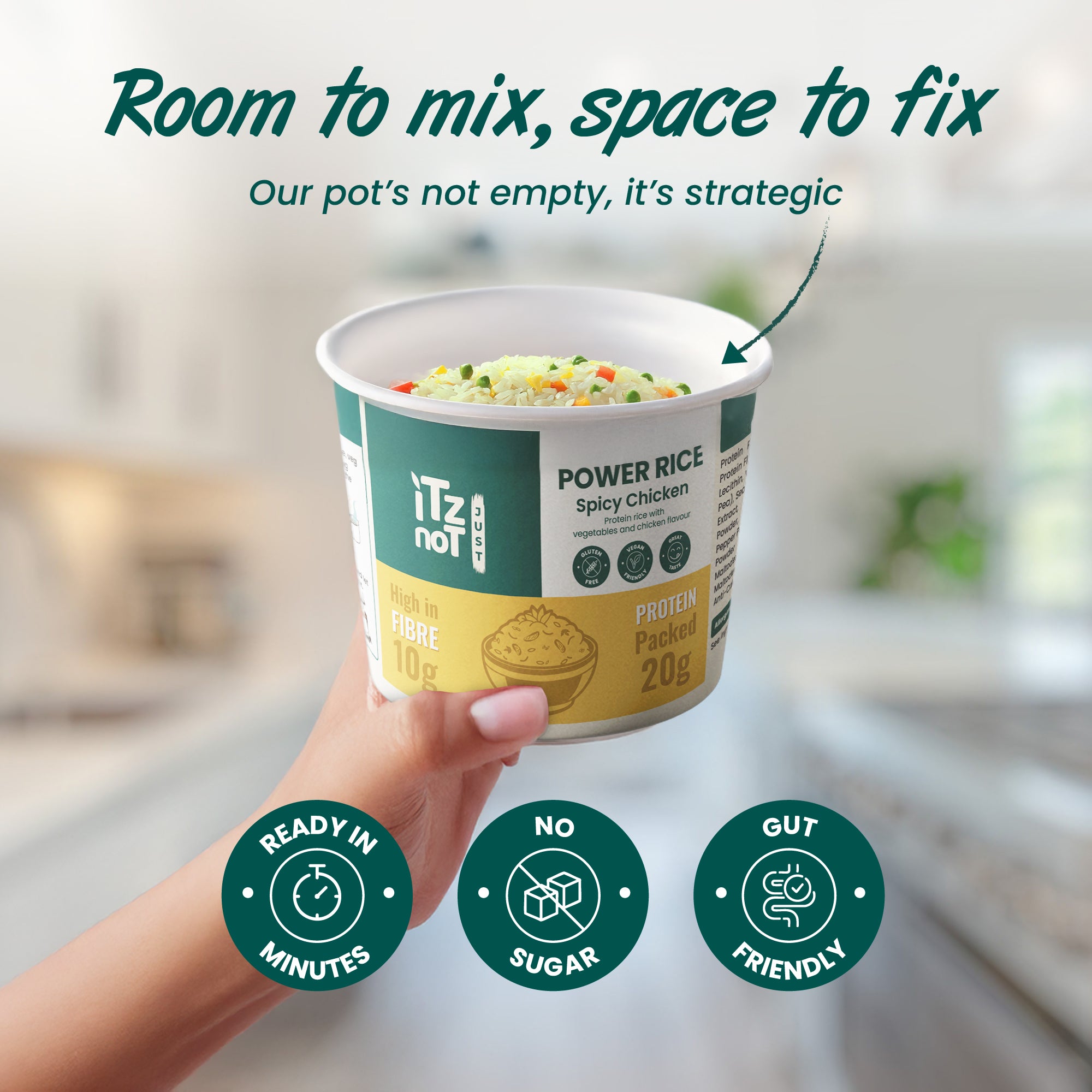iTz noT Just Power Rice Chicken Flavour – High Protein & High Fibre – Vegan, Gluten-Free, Low Fat – Instant Rice Pot with Vegetables – Ready in Minutes