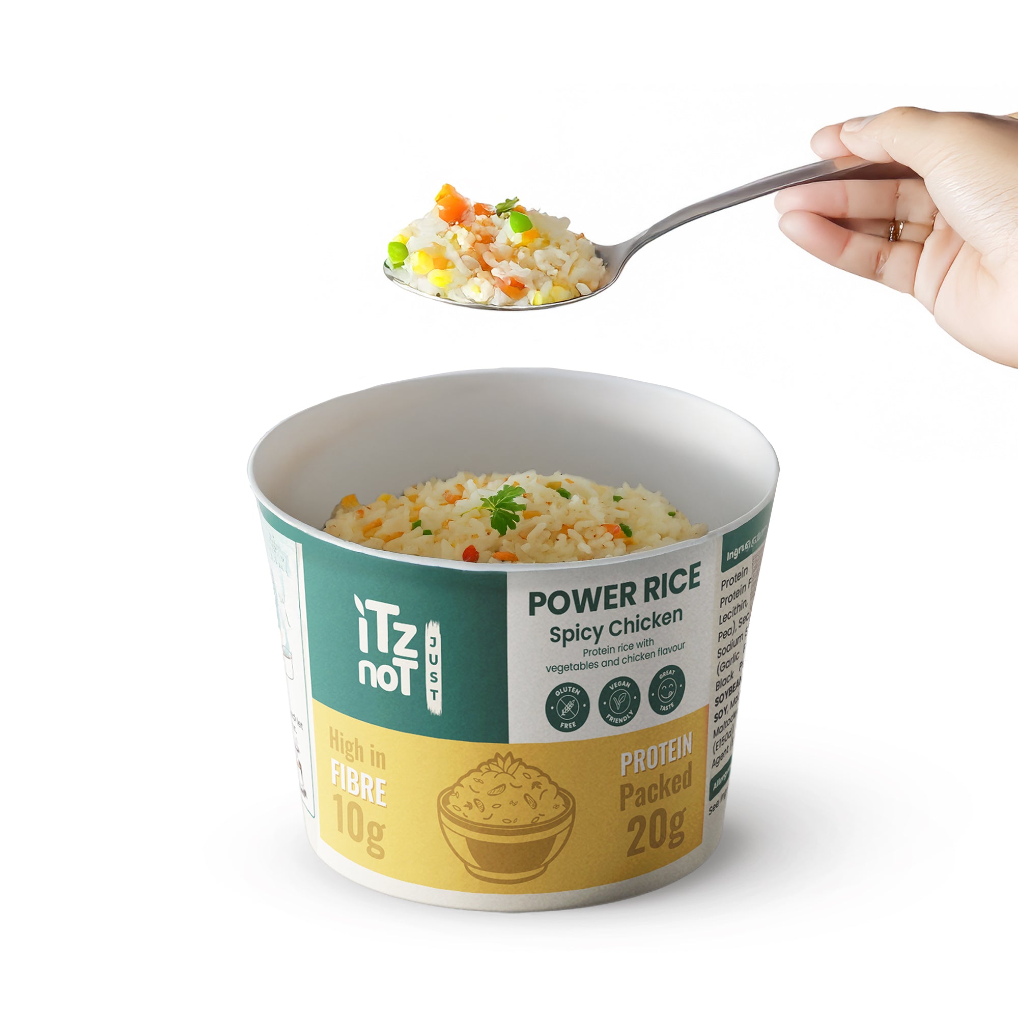 iTz noT Just Power Rice Chicken Flavour – High Protein & High Fibre – Vegan, Gluten-Free, Low Fat – Instant Rice Pot with Vegetables – Ready in Minutes