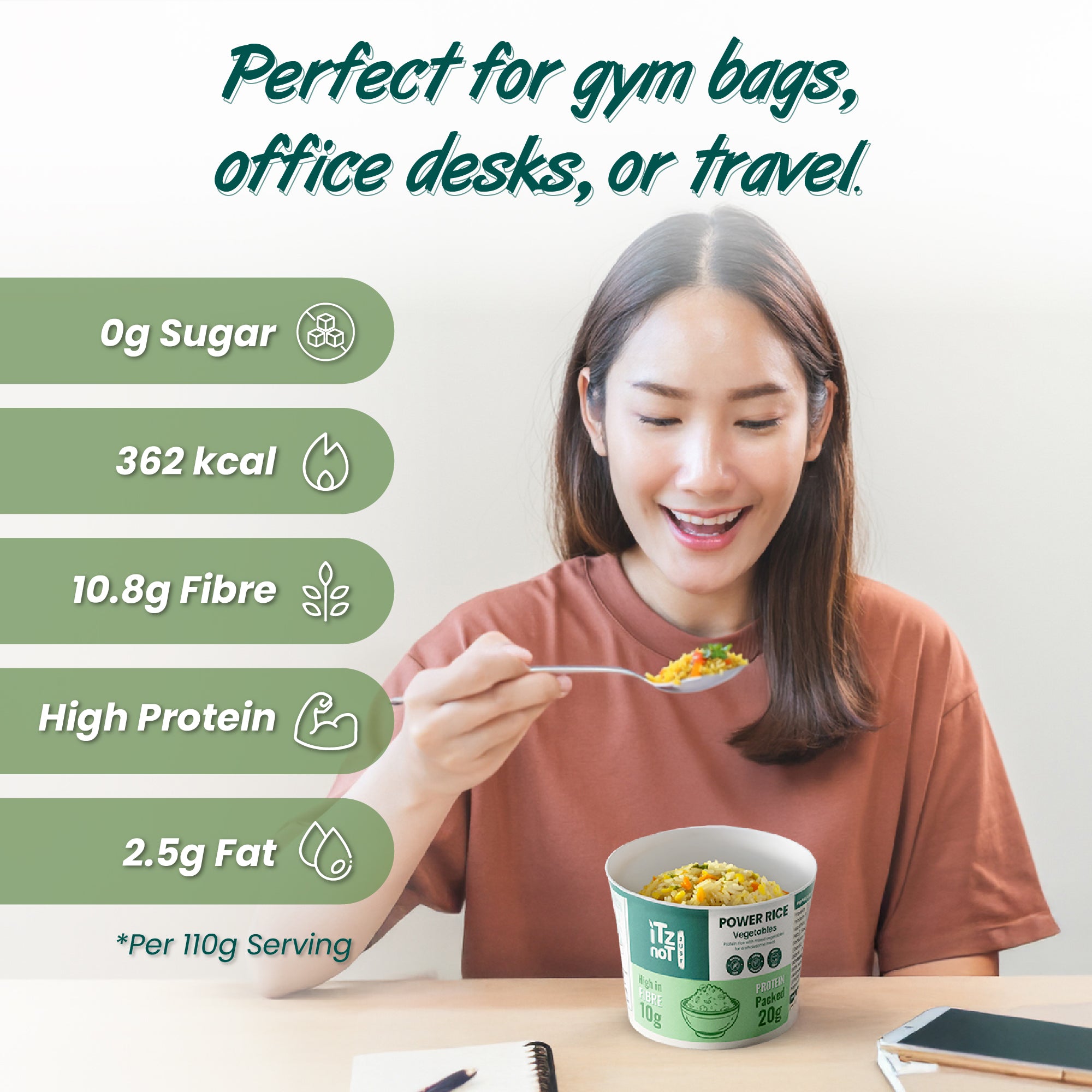 iTz noT Just Power Rice Vegetable Flavour – High Protein & High Fibre – Vegan, Gluten-Free, Low Fat – Instant Rice Pot with Vegetables – Ready in Minutes