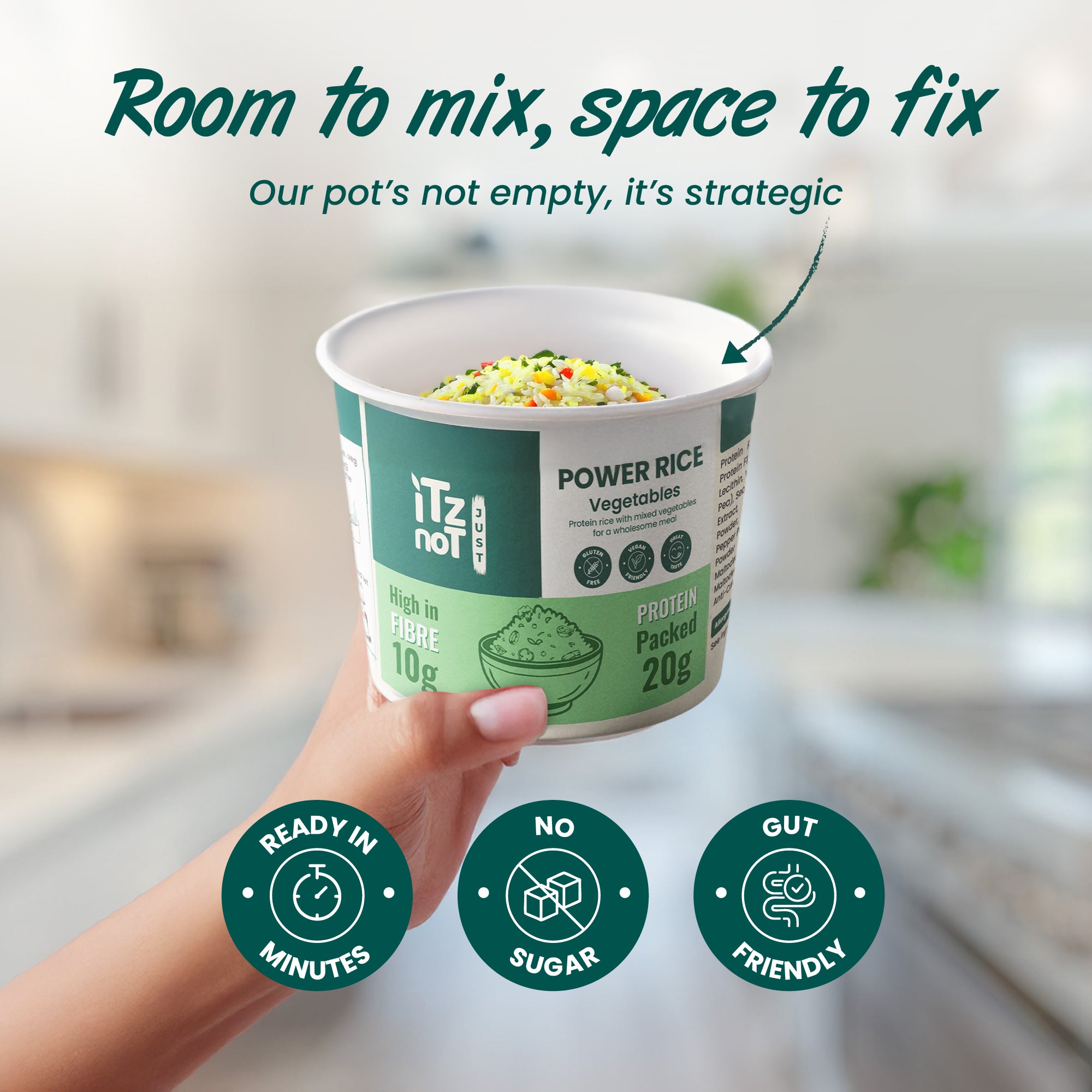 iTz noT Just Power Rice Vegetable Flavour – High Protein & High Fibre – Vegan, Gluten-Free, Low Fat – Instant Rice Pot with Vegetables – Ready in Minutes